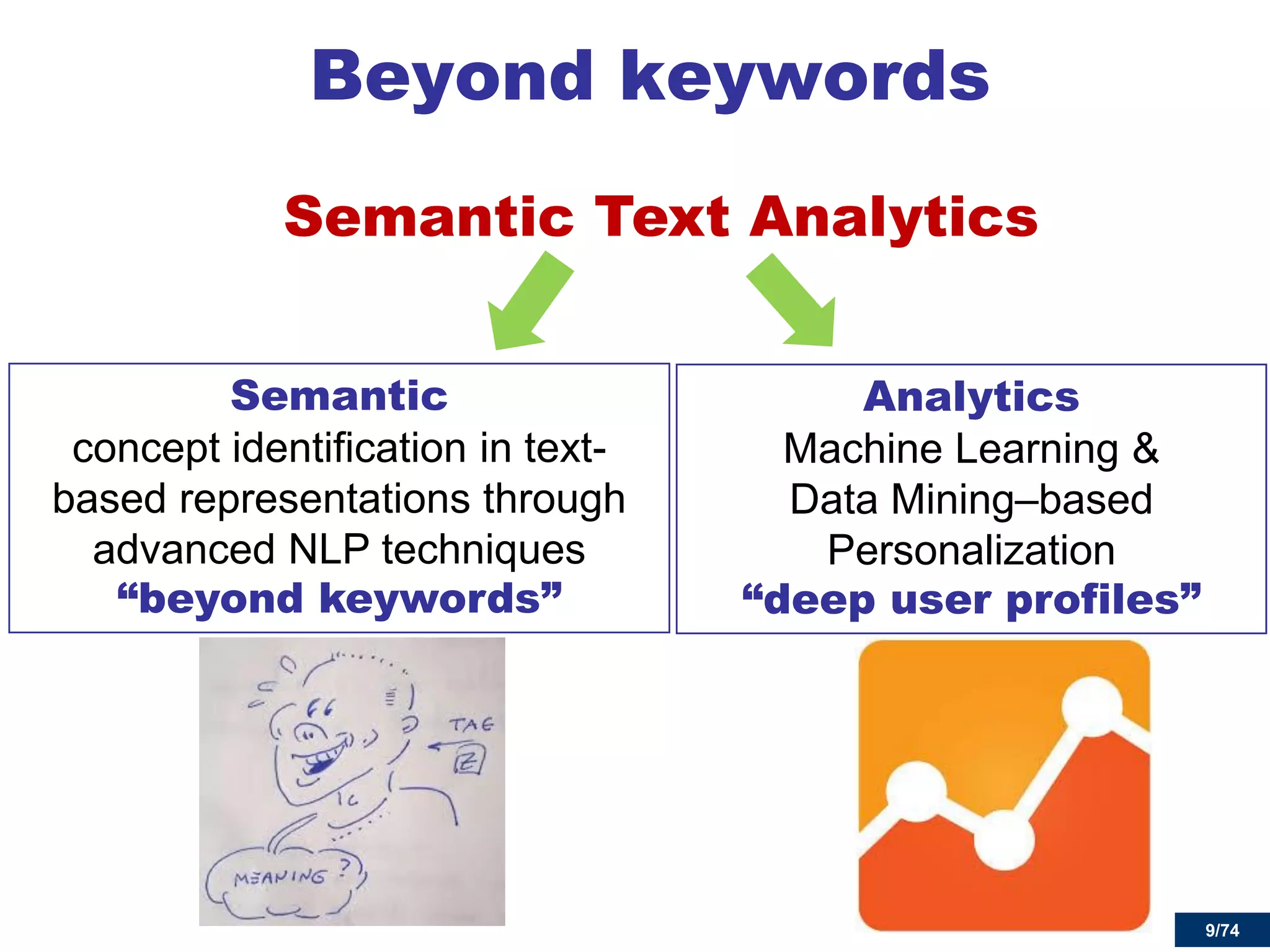 9/74 
Beyond keywords 
Analytics Machine Learning & Data Mining–based Personalization “deep user profiles” 
9 
Semantic Text Analytics 
Semantic concept identification in text- based representations through advanced NLP techniques “beyond keywords”  