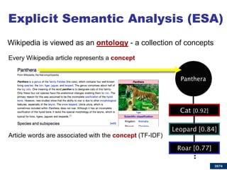 35/74 
Wikipedia is viewed as an ontology - a collection of concepts 
Every Wikipedia article represents a concept 
Article words are associated with the concept (TF-IDF) 
Explicit Semantic Analysis (ESA)  