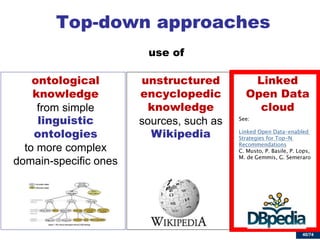 40/74 
Linked Open Data cloud 
ontological knowledge from simple linguistic ontologies to more complex domain-specific ones 
Top-down approaches 
unstructured encyclopedic knowledge sources, such as Wikipedia 
use of 
 