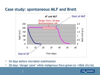 Case study: spontaneous MLF and Brett
54 days before microbial stabilisation
20 days ‘danger zone’ while indigenous flora grows to >1E+06 cfu/mL
AF and MLF
0
50
100
150
200
250
0 10 20 30 40 50 60
Time (days)
Sugar(g/L)
0
0.5
1
1.5
2
2.5
Malicacid(g/L)
End of AF
Start of MLF
Danger Zone, 20 days
Brettanomyces risk
 