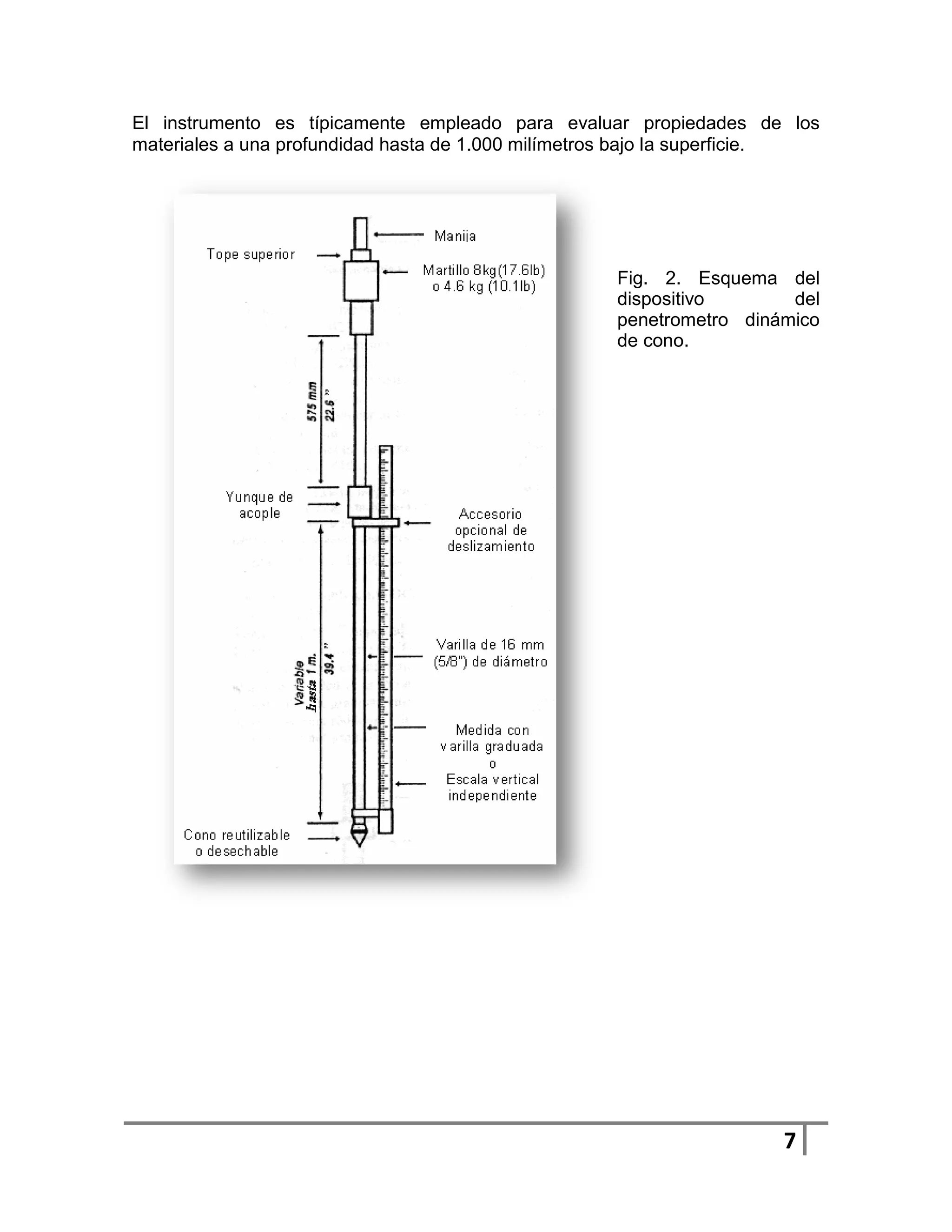 El instrumento es típicamente empleado para evaluar propiedades de los
materiales a una profundidad hasta de 1.000 milímetros bajo la superficie.




                                                    Fig. 2. Esquema del
                                                    dispositivo       del
                                                    penetrometro dinámico
                                                    de cono.




                                                                      7
 