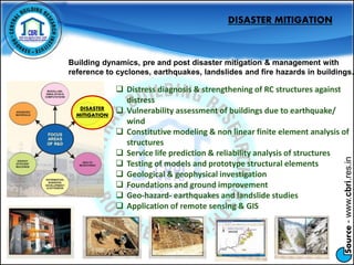 Source-www.cbri.res.in
DISASTER
MITIGATION
DISASTER MITIGATION
Building dynamics, pre and post disaster mitigation & management with
reference to cyclones, earthquakes, landslides and fire hazards in buildings.
 Distress diagnosis & strengthening of RC structures against
distress
 Vulnerability assessment of buildings due to earthquake/
wind
 Constitutive modeling & non linear finite element analysis of
structures
 Service life prediction & reliability analysis of structures
 Testing of models and prototype structural elements
 Geological & geophysical investigation
 Foundations and ground improvement
 Geo-hazard- earthquakes and landslide studies
 Application of remote sensing & GIS
 