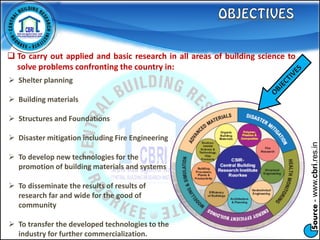 Source-www.cbri.res.in
 Shelter planning
 Building materials
 Structures and Foundations
 Disaster mitigation including Fire Engineering
 To develop new technologies for the
promotion of building materials and systems
 To disseminate the results of results of
research far and wide for the good of
community
 To transfer the developed technologies to the
industry for further commercialization.
 To carry out applied and basic research in all areas of building science to
solve problems confronting the country in:
 