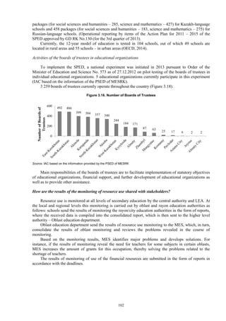 102
packages (for social sciences and humanities – 285, science and mathematics – 427) for Kazakh-language
schools and 458 packages (for social sciences and humanities – 183, science and mathematics – 275) for
Russian-language schools. (Operational reporting by items of the Action Plan for 2011 – 2015 of the
SPED approved by GD RK No.130 (for the 3rd quarter of 2013).
Currently, the 12-year model of education is tested in 104 schools, out of which 49 schools are
located in rural areas and 55 schools – in urban areas (OECD, 2014).
Activities of the boards of trustees in educational organizations
To implement the SPED, a national experiment was initiated in 2013 pursuant to Order of the
Minister of Education and Science No. 573 as of 27.12.2012 on pilot testing of the boards of trustees in
individual educational organizations. 5 educational organizations currently participate in this experiment
(IAC based on the information of the PSED of MESRK).
3 259 boards of trustees currently operate throughout the country (Figure 3.18).
Figure 3.16. Number of Boards of Trustees
Source: IAC based on the information provided by the PSED of MESRK
Main responsibilities of the boards of trustees are to facilitate implementation of statutory objectives
of educational organizations, financial support, and further development of educational organizations as
well as to provide other assistance.
How are the results of the monitoring of resource use shared with stakeholders?
Resource use is monitored at all levels of secondary education by the central authority and LEA. At
the local and regional levels this monitoring is carried out by oblast and rayon education authorities as
follows: schools send the results of monitoring the rayon/city education authorities in the form of reports,
where the received data is compiled into the consolidated report, which is then sent to the higher level
authority – Oblast education department.
Oblast education department send the results of resource use monitoring to the MES, which, in turn,
consolidate the results of oblast monitoring and reviews the problems revealed in the course of
monitoring.
Based on the monitoring results, MES identifies major problems and develops solutions. For
instance, if the results of monitoring reveal the need for teachers for some subjects in certain oblasts,
MES increases the amount of grants for this occupation, thereby solving the problems related to the
shortage of teachers.
The results of monitoring of use of the financial resources are submitted in the form of reports in
accordance with the deadlines.
492 486
399 384 357 340
244
184 171
87 63
25 17 6 2 2
0
200
400
600
NumberofBoardsof
Trustees
 