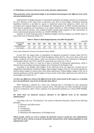109
4.1 Distribution of resources between levels of the education administration
What proportion of the educational budget is decentralised and managed at the different levels of the
education administration?
Administrators of budget programs of educational institutions (excluding national-level institutions)
are LEA. Because of this, large share of education costs falls on local budget. Centralized financing
(republican transfers) is provided to regions to implement nation-wide initiatives, which were not
envisaged when regional budgets were developed (for implementation of SPED; monthly payments to
foster parents (guardians) for maintenance of an orphan (orphans) or child (children) without parental
care; salary raises for teachers, who completed further training under programs of NIS; maintenance of
newly commissioned education facilities, etc.) (DFIP, MESRK, 2013).
Analysis of overall financing (total of republican budgets and local budgets) can identify shares of
each of the levels of financing (Table 4.1).
Table 4.1. Shares in State Budget Expenses, from 2001 through 2012
mln. KZT
Levels of the
budget
2001 2002 2003 2004 2005 2006 2007 2008 2009 2010 2011 2012
Republican budget 17% 12% 14% 16% 22% 25% 27% 26% 29% 27% 26% 27%
Local budget 83% 88% 86% 84% 78% 75% 73% 74% 71% 73% 74% 73%
Source: Data of Department of Finance and Investment Projects, MESRK
In year 2013, the largest share of expenditure on education accounted in Almaty oblast (88.3%),
South Kazakhstan oblast (87.4%) and North Kazakhstan oblast (86.3%). The lowest share of the local
budget, compared with other oblasts, which was allocated to fund this level of education in Mangystau
and Kostanay oblasts were 49.4% and 60.2% respectively (see Annex 4A, T.4A.1).
At the same time, there is a clear list of areas of activities of educational organizations, which is
financed from local (oblast and rayon) budgets and is formalized in the Budget Code.
According to the Budget Code budgets of the following levels are approved, executed and are
independent in Kazakhstan: republican budget; oblast budgets, budgets of the city of national significance
and the capital; budgets of rayons (cities of the oblast significance). Oblast budgets, budgets of the city of
national significance and the capital, budgets of rayons (cities of the oblast significance) are referred to as
local budgets (see Annex 4A, 1).
Are there any differences between the different levels of the school system in this respect, i.e. is funding
more decentralised for some levels of education than others?
When financing is planned for a fiscal year, financing plan is developed for each educational
institution, with breakdown by specifics (expense items). This plan does not reflect distribution of funds
by levels of education, rather it shows expenses of an educational institution as a whole (DFIP MESRK,
2013).
On which basis are financial resources allocated to the different levels of the education
administration?
According to the Law “On Education”, the system of education financing is based on the following
principles:
1) Efficiency and effectiveness;
2) Priority;
3) Transparency;
4) Accountability;
5) Delineation and independence of all budget levels.
Which specific criteria are used to estimate the financial resources needed for each administrative
unit? How do these criteria account for the particular characteristics of the student population in each
administrative unit?
 