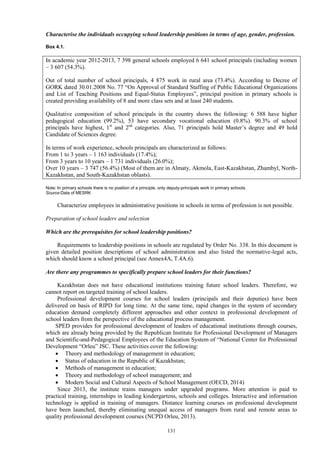 131
Characterise the individuals occupying school leadership positions in terms of age, gender, profession.
Box 4.1.
In academic year 2012-2013, 7 398 general schools employed 6 641 school principals (including women
– 3 607 (54.3%).
Out of total number of school principals, 4 875 work in rural area (73.4%). According to Decree of
GORK dated 30.01.2008 No. 77 “On Approval of Standard Staffing of Public Educational Organizations
and List of Teaching Positions and Equal-Status Employees”, principal position in primary schools is
created providing availability of 8 and more class sets and at least 240 students.
Qualitative composition of school principals in the country shows the following: 6 588 have higher
pedagogical education (99.2%), 53 have secondary vocational education (0.8%). 90.3% of school
principals have highest, 1st
and 2nd
categories. Also, 71 principals hold Master’s degree and 49 hold
Candidate of Sciences degree.
In terms of work experience, schools principals are characterized as follows:
From 1 to 3 years – 1 163 individuals (17.4%);
From 3 years to 10 years – 1 731 individuals (26.0%);
Over 10 years – 3 747 (56.4%) (Most of them are in Almaty, Akmola, East-Kazakhstan, Zhambyl, North-
Kazakhstan, and South-Kazakhstan oblasts).
Note: In primary schools there is no position of a principle, only deputy-principals work in primary schools.
Source:Data of MESRK
Characterize employees in administrative positions in schools in terms of profession is not possible.
Preparation of school leaders and selection
Which are the prerequisites for school leadership positions?
Requirements to leadership positions in schools are regulated by Order No. 338. In this document is
given detailed position descriptions of school administration and also listed the normative-legal acts,
which should know a school principal (see Annex4A, T.4A.6).
Are there any programmes to specifically prepare school leaders for their functions?
Kazakhstan does not have educational institutions training future school leaders. Therefore, we
cannot report on targeted training of school leaders.
Professional development courses for school leaders (principals and their deputies) have been
delivered on basis of RIPD for long time. At the same time, rapid changes in the system of secondary
education demand completely different approaches and other context in professional development of
school leaders from the perspective of the educational process management.
SPED provides for professional development of leaders of educational institutions through courses,
which are already being provided by the Republican Institute for Professional Development of Managers
and Scientific-and-Pedagogical Employees of the Education System of “National Center for Professional
Development “Orleu” JSC. These activities cover the following:
 Theory and methodology of management in education;
 Status of education in the Republic of Kazakhstan;
 Methods of management in education;
 Theory and methodology of school management; and
 Modern Social and Cultural Aspects of School Management (OECD, 2014)
Since 2013, the institute trains managers under upgraded programs. More attention is paid to
practical training, internships in leading kindergartens, schools and colleges. Interactive and information
technology is applied in training of managers. Distance learning courses on professional development
have been launched, thereby eliminating unequal access of managers from rural and remote areas to
quality professional development courses (NCPD Orleu, 2013).
 