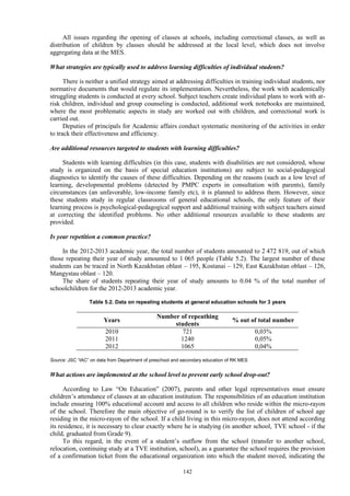 142
All issues regarding the opening of classes at schools, including correctional classes, as well as
distribution of children by classes should be addressed at the local level, which does not involve
aggregating data at the MES.
What strategies are typically used to address learning difficulties of individual students?
There is neither a unified strategy aimed at addressing difficulties in training individual students, nor
normative documents that would regulate its implementation. Nevertheless, the work with academically
struggling students is conducted at every school. Subject teachers create individual plans to work with at-
risk children, individual and group counseling is conducted, additional work notebooks are maintained,
where the most problematic aspects in study are worked out with children, and correctional work is
carried out.
Deputies of principals for Academic affairs conduct systematic monitoring of the activities in order
to track their effectiveness and efficiency.
Are additional resources targeted to students with learning difficulties?
Students with learning difficulties (in this case, students with disabilities are not considered, whose
study is organized on the basis of special education institutions) are subject to social-pedagogical
diagnostics to identify the causes of these difficulties. Depending on the reasons (such as a low level of
learning, developmental problems (detected by PMPC experts in consultation with parents), family
circumstances (an unfavorable, low-income family etc), it is planned to address them. However, since
these students study in regular classrooms of general educational schools, the only feature of their
learning process is psychological-pedagogical support and additional training with subject teachers aimed
at correcting the identified problems. No other additional resources available to these students are
provided.
Is year repetition a common practice?
In the 2012-2013 academic year, the total number of students amounted to 2 472 819, out of which
those repeating their year of study amounted to 1 065 people (Table 5.2). The largest number of these
students can be traced in North Kazakhstan oblast – 195, Kostanai – 129, East Kazakhstan oblast – 126,
Mangystau oblast – 120.
The share of students repeating their year of study amounts to 0.04 % of the total number of
schoolchildren for the 2012-2013 academic year.
Table 5.2. Data on repeating students at general education schools for 3 years
Years
Number of repeathing
students
% out of total number
2010 721 0,03%
2011 1240 0,05%
2012 1065 0,04%
Source: JSC “IAC” on data from Department of preschool and secondary education of RK MES
What actions are implemented at the school level to prevent early school drop-out?
According to Law “On Education” (2007), parents and other legal representatives must ensure
children’s attendance of classes at an education institution. The responsibilities of an education institution
include ensuring 100% educational account and access to all children who reside within the micro-rayon
of the school. Therefore the main objective of go-round is to verify the list of children of school age
residing in the micro-rayon of the school. If a child living in this micro-rayon, does not attend according
its residence, it is necessary to clear exactly where he is studying (in another school, TVE school - if the
child, graduated from Grade 9).
To this regard, in the event of a student’s outflow from the school (transfer to another school,
relocation, continuing study at a TVE institution, school), as a guarantee the school requires the provision
of a confirmation ticket from the educational organization into which the student moved, indicating the
 