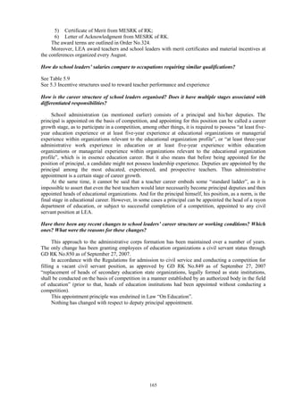 165
5) Certificate of Merit from MESRK of RK;
6) Letter of Acknowledgment from MESRK of RK.
The award terms are outlined in Order No.324.
Moreover, LEA award teachers and school leaders with merit certificates and material incentives at
the conferences organized every August.
How do school leaders’ salaries compare to occupations requiring similar qualifications?
See Table 5.9
See 5.3 Incentive structures used to reward teacher performance and experience
How is the career structure of school leaders organised? Does it have multiple stages associated with
differentiated responsibilities?
School administration (as mentioned earlier) consists of a principal and his/her deputies. The
principal is appointed on the basis of competition, and appointing for this position can be called a career
growth stage, as to participate in a competition, among other things, it is required to possess “at least five-
year education experience or at least five-year experience at educational organizations or managerial
experience within organizations relevant to the educational organization profile”, or “at least three-year
administrative work experience in education or at least five-year experience within education
organizations or managerial experience within organizations relevant to the educational organization
profile”, which is in essence education career. But it also means that before being appointed for the
position of principal, a candidate might not possess leadership experience. Deputies are appointed by the
principal among the most educated, experienced, and prospective teachers. Thus administrative
appointment is a certain stage of career growth.
At the same time, it cannot be said that a teacher career embeds some “standard ladder”, as it is
impossible to assert that even the best teachers would later necessarily become principal deputies and then
appointed heads of educational organizations. And for the principal himself, his position, as a norm, is the
final stage in educational career. However, in some cases a principal can be appointed the head of a rayon
department of education, or subject to successful completion of a competition, appointed to any civil
servant position at LEA.
Have there been any recent changes to school leaders’ career structure or working conditions? Which
ones? What were the reasons for these changes?
This approach to the administrative corps formation has been maintained over a number of years.
The only change has been granting employees of education organizations a civil servant status through
GD RK No.850 as of September 27, 2007.
In accordance with the Regulations for admission to civil service and conducting a competition for
filling a vacant civil servant position, as approved by GD RK No.849 as of September 27, 2007
“replacement of heads of secondary education state organizations, legally formed as state institutions,
shall be conducted on the basis of competition in a manner established by an authorized body in the field
of education” (prior to that, heads of education institutions had been appointed without conducting a
competition).
This appointment principle was enshrined in Law “On Education”.
Nothing has changed with respect to deputy principal appointment.
 