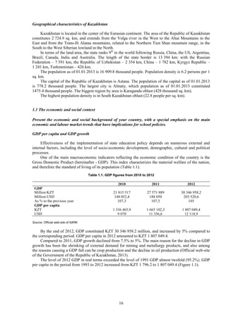 16
Geographical characteristics of Kazakhstan
Kazakhstan is located in the center of the Eurasian continent. The area of the Republic of Kazakhstan
constitutes 2 724.9 sq. km, and extends from the Volga river in the West to the Altai Mountains in the
East and from the Trans-Ili Alatau mountains, related to the Northern Tien Shan mountain range, in the
South to the West Siberian lowland in the North.
In terms of the land area, the state ranks 9th
in the world following Russia, China, the US, Argentina,
Brazil, Canada, India and Australia. The length of the state border is 13 394 km: with the Russian
Federation – 7 591 km, the Republic of Uzbekistan – 2 354 km, China – 1 782 km, Kyrgyz Republic –
1 241 km, Turkmenistan – 426 km.
The population as of 01.01.2013 is 16 909.8 thousand people. Population density is 6.2 persons per 1
sq. km.
The capital of the Republic of Kazakhstan is Astana. The population of the capital as of 01.01.2013
is 778.2 thousand people. The largest city is Almaty, which population as of 01.01.2013 constituted
1475.4 thousand people. The biggest region by area is Karaganda oblast (428 thousand sq. km).
The highest population density is in South Kazakhstan oblast (22.8 people per sq. km).
1.1 The economic and social context
Present the economic and social background of your country, with a special emphasis on the main
economic and labour market trends that have implications for school policies.
GDP per capita and GDP growth
Effectiveness of the implementation of state education policy depends on numerous external and
internal factors, including the level of socio-economic development, demographic, cultural and political
processes.
One of the main macroeconomic indicators reflecting the economic condition of the country is the
Gross Domestic Product (hereinafter - GDP). This index characterizes the material welfare of the nation,
and therefore the standard of living of its population (Table 1.1).
Table 1.1. GDP figures from 2010 to 2012
2010 2011 2012
GDP
Million KZT 21 815 517 27 571 889 30 346 958,2
Million USD 148 052,4 188 050 203 520,6
As % to the previous year 107,3 107,5 105
GDP per capita
KZT 1 336 465,9 1 665 102,3 1 807 049,4
USD 9 070 11 356,6 12 118,9
Source: Official web-site of SARK
By the end of 2012, GDP constituted KZT 30 346 958.2 million, and increased by 5% compared to
the corresponding period. GDP per capita in 2012 amounted to KZT 1 807 049.4.
Compared to 2011, GDP growth declined from 7.5% to 5%. The main reason for the decline in GDP
growth has been the shrinking of external demand for mining and metallurgy products, and also among
the reasons causing a GDP fall can be crop production and the decline in oil production (Official web-site
of the Government of the Republic of Kazakhstan, 2013).
The level of 2012 GDP in real terms exceeded the level of 1991 GDP almost twofold (95.2%). GDP
per capita in the period from 1993 to 2012 increased from KZT 1 796.2 to 1 807 049.4 (Figure 1.1).
 