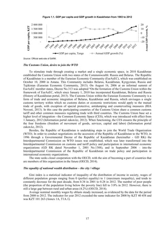 17
Figure 1.1. GDP per capita and GDP growth in Kazakhstan from 1993 to 2012
Source: Official web-site of SARK
The Customs Union, desire to join the WTO
To stimulate trade through creating a market and a single economic space, in 2010 Kazakhstan
established the Customs Union with two states of the Commonwealth: Russia and Belarus. The Republic
of Kazakhstan is a member of the Eurasian Economic Community (EurAsEC), which was established on
October 10, 2000 in Astana. This Community includes Belarus, Kazakhstan, Kyrgyzstan, Russia and
Tajikistan (Eurasian Economic Community, 2013). On August 16, 2006 at an informal summit of
EurAsEC member states, Decree No.313 was adopted “On the formation of the Customs Union within the
framework of EurAsEC, which since January 1, 2010 has incorporated Kazakhstan, Belarus and Russia
(History of Kazakhstan portal, 2013). The Customs Union within the Eurasian Economic Community is a
form of trade and economic integration of Belarus, Kazakhstan and Russia, which envisages a single
customs territory within which no customs duties or economic restrictions would apply to the mutual
trade of goods, with exception of special protective, antidumping and countervailing measures (RIA
Novosti, 2013). In this case the participating countries of the Customs Union share a common customs
tariff and other common measures regulating trade with third countries. The Customs Union base set a
higher level of integration - the Common Economic Space (CES), which was introduced with effect from
1 January, 2012 (Information portal zakon.kz, 2012). When functioning, the CES ensures the principle of
the four freedoms (freedom of movement of goods, services, capital and labor) (Information portal
zakon.kz, 2012).
Besides, the Republic of Kazakhstan is undertaking steps to join the World Trade Organization
(WTO). In order to conduct negotiations on the accession of the Republic of Kazakhstan to the WTO, in
1996 through a Governmental Decree of the Republic of Kazakhstan (hereinafter - GD RK) the
Interdepartmental Commission on WTO issues was established, which was later transformed into the
Interdepartmental Commission on customs and tariff policy and participation in international economic
organizations (GD RK dated November 1, 2001 No.1388), and in September 2006 – into the
Interdepartmental Commission of the Republic of Kazakhstan on trade policy and participation in
international economic organizations.
The state seeks closer cooperation with the OECD, with the aim of becoming a part of countries that
are members of this organization in the future (OECD, 2014).
The equality of national wealth distribution – the city / village
Gini index is a statistical indicator of inequality of the distribution of income in society, wages of
different population groups ranging from 0 (perfect equality) to 1 (maximum inequality), and tends to
constantly decrease for the past decade, from 0.34 in 2001 to 0.28 in 2012. The number of poor people
(the proportion of the population living below the poverty line) fell to 3.8% in 2012. However, there is
still a large gap between rural and urban areas (4.2%) (OECD, 2014).
Average nominal monthly wages by oblasts steady increased, as evidenced by the data for the period
from 2008 to 2012. The indicator for year 2012 exceeded the same indicator for 2008 by KZT 40 458 and
was KZT 101 263 (Annex 1A, T1A.1).
-20
-10
0
10
20
-
500 000
1 000 000
1 500 000
2 000 000
AтnualGDPGrowth,%
GDPpercapita,KZT
GDP per capita, Tenge Annual GDP growth (%)
 