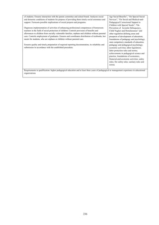 236
of students. Ensures interaction with the parent committee and school board. Analyzes social
and domestic conditions of students for purpose of providing them timely social assistance and
support. Forecasts possible implications of social projects and programs.
Organizes implementation of activities of enhancing professional competences of homeroom
teachers in the field of social protection of children. Controls provision of benefits and
allowances to children from socially vulnerable families, orphans and children without parental
care. Controls employment of graduates. Ensures and coordinates distribution of textbooks, hot
meals for students, who are orphans or children without parental care.
Ensures quality and timely preparation of required reporting documentation, its reliability and
submission in accordance with the established procedure.
Age Social Benefits”, “On Special Social
Services”, “On Social and Medical-and-
Pedagogical Correctional Support to
Children with Special Needs”, “On
Prevention of Juvenile Delinquency,
Child Neglect and Homelessness” and
other regulation defining areas and
prospects of development of education;
foundations of pedagogy and psychology;
state compulsory standards of education;
pedagogy and pedagogical psychology;
economic activities, labor legislation;
labor protection rules and norms;
achievements in pedagogical science and
practice; foundations of economics,
financial-and-economic activities; safety
rules; fire safety rules; sanitary rules and
norms.
Requirements to qualification: higher pedagogical education and at least three years of pedagogical or management experience in educational
organizations
 