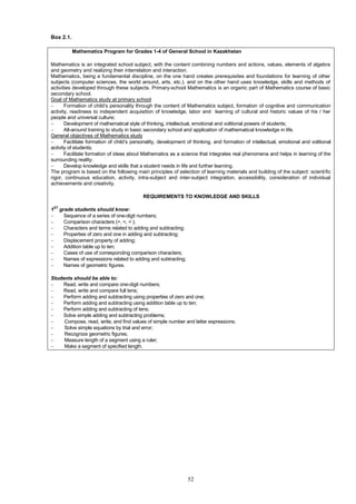 52
Box 2.1.
Mathematics Program for Grades 1-4 of General School in Kazakhstan
Mathematics is an integrated school subject, with the content combining numbers and actions, values, elements of algebra
and geometry and realizing their interrelation and interaction.
Mathematics, being a fundamental discipline, on the one hand creates prerequisites and foundations for learning of other
subjects (computer sciences, the world around, arts, etc.), and on the other hand uses knowledge, skills and methods of
activities developed through these subjects. Primary-school Mathematics is an organic part of Mathematics course of basic
secondary school.
Goal of Mathematics study at primary school
 Formation of child’s personality through the content of Mathematics subject, formation of cognitive and communication
activity, readiness to independent acquisition of knowledge, labor and learning of cultural and historic values of his / her
people and universal culture;
 Development of mathematical style of thinking, intellectual, emotional and volitional powers of students;
 All-around training to study in basic secondary school and application of mathematical knowledge in life.
General objectives of Mathematics study
 Facilitate formation of child’s personality, development of thinking, and formation of intellectual, emotional and volitional
activity of students;
 Facilitate formation of ideas about Mathematics as a science that integrates real phenomena and helps in learning of the
surrounding reality;
 Develop knowledge and skills that a student needs in life and further learning.
The program is based on the following main principles of selection of learning materials and building of the subject: scientific
rigor, continuous education, activity, intra-subject and inter-subject integration, accessibility, consideration of individual
achievements and creativity.
REQUIREMENTS TO KNOWLEDGE AND SKILLS
1ST
grade students should know:
 Sequence of a series of one-digit numbers;
 Comparison characters (>, <, = );
 Characters and terms related to adding and subtracting;
 Properties of zero and one in adding and subtracting;
 Displacement property of adding;
 Addition table up to ten;
 Cases of use of corresponding comparison characters;
 Names of expressions related to adding and subtracting;
 Names of geometric figures.
Students should be able to:
 Read, write and compare one-digit numbers;
 Read, write and compare full tens;
 Perform adding and subtracting using properties of zero and one;
 Perform adding and subtracting using addition table up to ten;
 Perform adding and subtracting of tens;
 Solve simple adding and subtracting problems;
 Compose, read, write, and find values of simple number and letter expressions;
 Solve simple equations by trial and error;
 Recognize geometric figures;
 Measure length of a segment using a ruler;
 Make a segment of specified length.
 