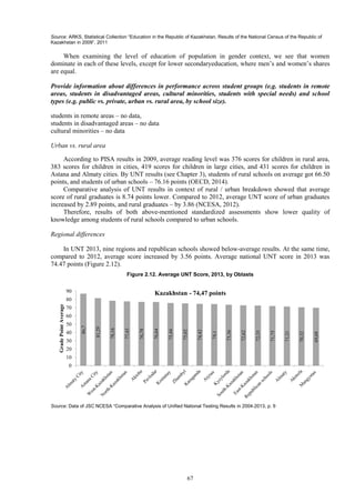 67
Source: ARKS, Statistical Collection “Education in the Republic of Kazakhstan, Results of the National Census of the Republic of
Kazakhstan in 2009”, 2011
When examining the level of education of population in gender context, we see that women
dominate in each of these levels, except for lower secondaryeducation, where men’s and women’s shares
are equal.
Provide information about differences in performance across student groups (e.g. students in remote
areas, students in disadvantaged areas, cultural minorities, students with special needs) and school
types (e.g. public vs. private, urban vs. rural area, by school size).
students in remote areas – no data,
students in disadvantaged areas – no data
cultural minorities – no data
Urban vs. rural area
According to PISA results in 2009, average reading level was 376 scores for children in rural area,
383 scores for children in cities, 419 scores for children in large cities, and 431 scores for children in
Astana and Almaty cities. By UNT results (see Chapter 3), students of rural schools on average got 66.50
points, and students of urban schools – 76.16 points (OECD, 2014).
Comparative analysis of UNT results in context of rural / urban breakdown showed that average
score of rural graduates is 8.74 points lower. Compared to 2012, average UNT score of urban graduates
increased by 2.89 points, and rural graduates – by 3.86 (NCESA, 2012).
Therefore, results of both above-mentioned standardized assessments show lower quality of
knowledge among students of rural schools compared to urban schools.
Regional differences
In UNT 2013, nine regions and republican schools showed below-average results. At the same time,
compared to 2012, average score increased by 3.56 points. Average national UNT score in 2013 was
74.47 points (Figure 2.12).
Figure 2.12. Average UNT Score, 2013, by Oblasts
Source: Data of JSC NCESA “Comparative Analysis of Unified National Testing Results in 2004-2013, p. 9
86,7
81,29
78,16
77,43
76,78
76,64
75,44
75,02
74,42
74,1
73,36
72,62
72,35
71,75
71,21
70,32
69,68
0
10
20
30
40
50
60
70
80
90
GradePointAverage
Kazakhstan - 74,47 points
 