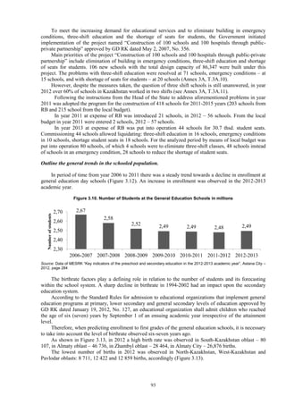 93
To meet the increasing demand for educational services and to eliminate building in emergency
conditions, three-shift education and the shortage of seats for students, the Government initiated
implementation of the project named “Construction of 100 schools and 100 hospitals through public-
private partnership” approved by GD RK dated May 2, 2007, No. 356.
Main priorities of the project “Construction of 100 schools and 100 hospitals through public-private
partnership” include elimination of building in emergency conditions, three-shift education and shortage
of seats for students. 106 new schools with the total design capacity of 86,347 were built under this
project. The problems with three-shift education were resolved at 71 schools, emergency conditions – at
15 schools, and with shortage of seats for students – at 20 schools (Annex 3A, T.3A.10).
However, despite the measures taken, the question of three shift schools is still unanswered, in year
2012 over 60% of schools in Kazakhstan worked in two shifts (see Annex 3A, T.3A.11).
Following the instructions from the Head of the State to address aforementioned problems in year
2011 was adopted the program for the construction of 418 schools for 2011-2015 years (203 schools from
RB and 215 school from the local budget).
In year 2011 at expense of RB was introduced 21 schools, in 2012 – 56 schools. From the local
budget in year 2011 were entered 2 schools, 2012 – 57 schools.
In year 2013 at expense of RB was put into operation 44 schools for 30.7 thsd. student seats.
Commissioning 44 schools allowed liquidating: three-shift education in 16 schools, emergency conditions
in 10 schools, shortage student seats in 18 schools. For the analyzed period by means of local budget was
put into operation 80 schools, of which 4 schools were to eliminate three-shift classes, 48 schools instead
of schools in an emergency condition, 28 schools to reduce the shortage of student seats.
Outline the general trends in the schooled population.
In period of time from year 2006 to 2011 there was a steady trend towards a decline in enrollment at
general education day schools (Figure 3.12). An increase in enrollment was observed in the 2012-2013
academic year.
Figure 3.10. Number of Students at the General Education Schools in millions
Source: Data of MESRK “Key indicators of the preschool and secondary education in the 2012-2013 academic year”, Astana City –
2012, page 284
The birthrate factors play a defining role in relation to the number of students and its forecasting
within the school system. A sharp decline in birthrate in 1994-2002 had an impact upon the secondary
education system.
According to the Standard Rules for admission to educational organizations that implement general
education programs at primary, lower secondary and general secondary levels of education approved by
GD RK dated January 19, 2012, No. 127, an educational organization shall admit children who reached
the age of six (seven) years by September 1 of an ensuing academic year irrespective of the attainment
level.
Therefore, when predicting enrollment to first grades of the general education schools, it is necessary
to take into account the level of birthrate observed six-seven years ago.
As shown in Figure 3.13, in 2012 a high birth rate was observed in South-Kazakhstan oblast – 80
107, in Almaty oblast – 46 736, in Zhambyl oblast – 28 464, in Almaty City – 26,876 births.
The lowest number of births in 2012 was observed in North-Kazakhstan, West-Kazakhstan and
Pavlodar oblasts: 8 711, 12 422 and 12 859 births, accordingly (Figure 3.13).
2,67
2,58
2,52 2,49 2,49 2,48 2,49
2,30
2,40
2,50
2,60
2,70
2006-2007 2007-2008 2008-2009 2009-2010 2010-2011 2011-2012 2012-2013
Numberofstudents
 