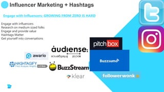 Influencer Marketing + Hashtags
Engage with influencers
Research on medium sized folks
Engage and provide value
Hashtags M...