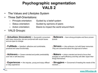 Psychographic segmentation
                                       VALS 2
     • The Values and Lifestyles System
     • Three Self-Orientations:
          – Principle orientation:            Guided by a belief system
          – Status orientation:               Guided by opinions of peers
          – Action orientation:               Desire to impact the world around them
     • VALS Groups:

      - Actualizes (Innovators) – Successful consumers - Believers                 – have strong principles and favor proven
      with many resources, but are concerned with social issues   brands
      and are open to change.


      - Fulfilleds – Satisfied, reflective and comfortable,       - Strivers – Like achievers, but with fewer resources.
      practical and value functionality                           They are concerned about the approval of others


      - Achievers – Career-oriented and prefer predictability     - Makers – Action oriented and tend to focus their
      over risk or self discovery                                 energies on self-sufficiency and they will often repair their
                                                                  things themselves

      - Experiences – Are impulse, young and enjoy offbeat        - Strugglers – Concerned of meeting the needs of the
      or risky experience                                         moment…..


25
                                                                                                           www.Office2go.dk
 