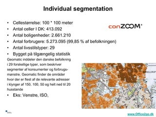 Individual segmentation

     •   Cellestørrelse: 100 * 100 meter
     •   Antal celler I DK: 413.092
     •   Antal boligenheder: 2.661.210
     •   Antal forbrugere: 5.273.095 (99,85 % af befolkningen)
     •   Antal livsstilstyper: 29
     •   Bygget på tilgængelig statistik
     Geomatic inddeler den danske befolkning
     i 29 forskellige typer, som beskriver
     segmenter af konsumenter og forbrugs-
     mønstre. Geomatic finder de områder
     hvor der er flest af de relevante adresser
     i klynger af 150, 100, 50 og helt ned til 20
     husstande
     • Eks: Venstre, ISO,


35
                                                                 www.Office2go.dk
 