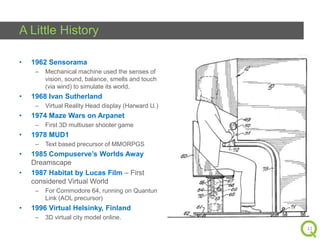 A Little History
•

1962 Sensorama
–

•

1968 Ivan Sutherland
–

•

•

Text based precursor of MMORPGS

1985 Compuserve’s Worlds Away
Dreamscape
1987 Habitat by Lucas Film – First
considered Virtual World
–

•

First 3D multiuser shooter game

1978 MUD1
–

•

Virtual Reality Head display (Harward U.)

1974 Maze Wars on Arpanet
–

•

Mechanical machine used the senses of
vision, sound, balance, smells and touch
(via wind) to simulate its world.

For Commodore 64, running on Quantun
Link (AOL precursor)

1996 Virtual Helsinky, Finland
–

3D virtual city model online.
11

 