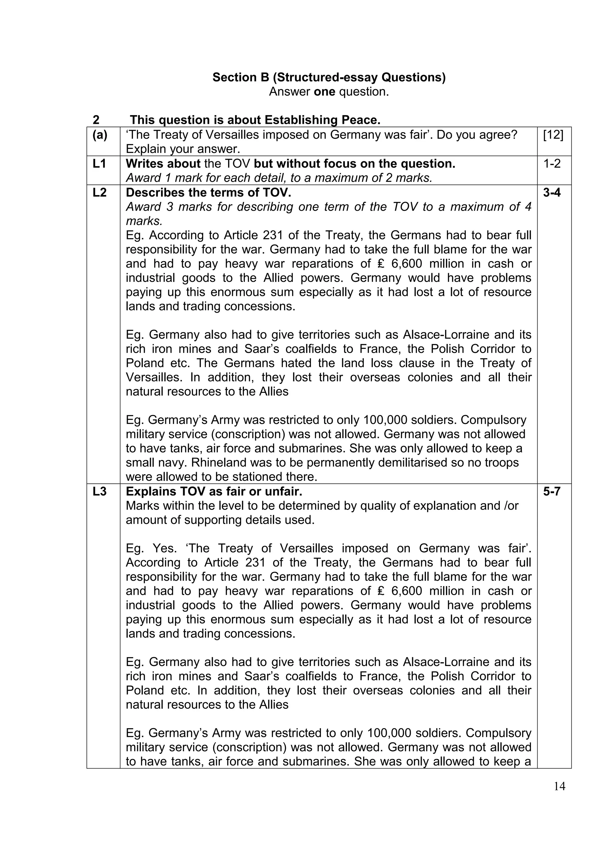Section B (Structured-essay Questions)
                              Answer one question.

2      This question is about Establishing Peace.
(a)   ‘The Treaty of Versailles imposed on Germany was fair’. Do you agree?      [12]
      Explain your answer.
L1    Writes about the TOV but without focus on the question.                    1-2
      Award 1 mark for each detail, to a maximum of 2 marks.
L2    Describes the terms of TOV.                                                3-4
      Award 3 marks for describing one term of the TOV to a maximum of 4
      marks.
      Eg. According to Article 231 of the Treaty, the Germans had to bear full
      responsibility for the war. Germany had to take the full blame for the war
      and had to pay heavy war reparations of ₤ 6,600 million in cash or
      industrial goods to the Allied powers. Germany would have problems
      paying up this enormous sum especially as it had lost a lot of resource
      lands and trading concessions.

      Eg. Germany also had to give territories such as Alsace-Lorraine and its
      rich iron mines and Saar’s coalfields to France, the Polish Corridor to
      Poland etc. The Germans hated the land loss clause in the Treaty of
      Versailles. In addition, they lost their overseas colonies and all their
      natural resources to the Allies

      Eg. Germany’s Army was restricted to only 100,000 soldiers. Compulsory
      military service (conscription) was not allowed. Germany was not allowed
      to have tanks, air force and submarines. She was only allowed to keep a
      small navy. Rhineland was to be permanently demilitarised so no troops
      were allowed to be stationed there.
L3    Explains TOV as fair or unfair.                                              5-7
      Marks within the level to be determined by quality of explanation and /or
      amount of supporting details used.

      Eg. Yes. ‘The Treaty of Versailles imposed on Germany was fair’.
      According to Article 231 of the Treaty, the Germans had to bear full
      responsibility for the war. Germany had to take the full blame for the war
      and had to pay heavy war reparations of ₤ 6,600 million in cash or
      industrial goods to the Allied powers. Germany would have problems
      paying up this enormous sum especially as it had lost a lot of resource
      lands and trading concessions.

      Eg. Germany also had to give territories such as Alsace-Lorraine and its
      rich iron mines and Saar’s coalfields to France, the Polish Corridor to
      Poland etc. In addition, they lost their overseas colonies and all their
      natural resources to the Allies

      Eg. Germany’s Army was restricted to only 100,000 soldiers. Compulsory
      military service (conscription) was not allowed. Germany was not allowed
      to have tanks, air force and submarines. She was only allowed to keep a

                                                                                    14
 