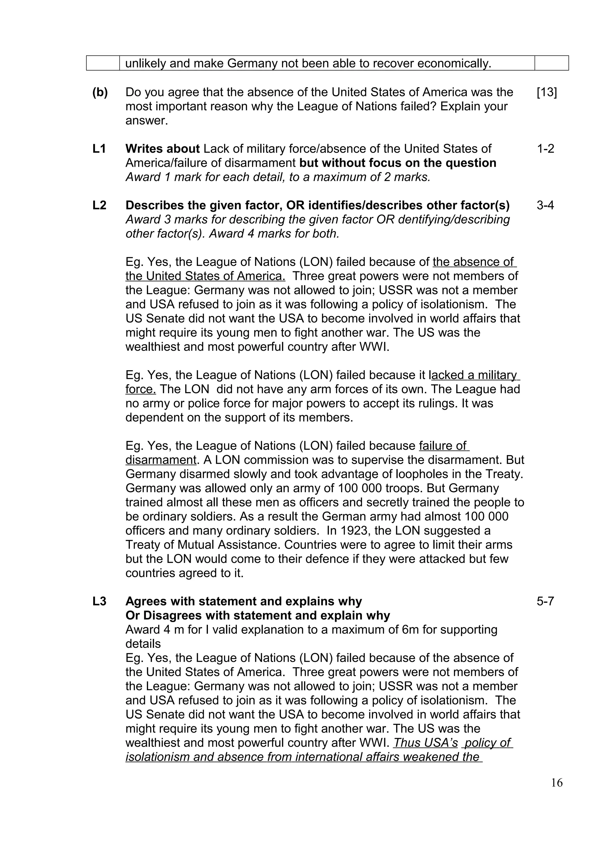unlikely and make Germany not been able to recover economically.

(b)   Do you agree that the absence of the United States of America was the         [13]
      most important reason why the League of Nations failed? Explain your
      answer.

L1    Writes about Lack of military force/absence of the United States of           1-2
      America/failure of disarmament but without focus on the question
      Award 1 mark for each detail, to a maximum of 2 marks.

L2    Describes the given factor, OR identifies/describes other factor(s)           3-4
      Award 3 marks for describing the given factor OR dentifying/describing
      other factor(s). Award 4 marks for both.

      Eg. Yes, the League of Nations (LON) failed because of the absence of
      the United States of America. Three great powers were not members of
      the League: Germany was not allowed to join; USSR was not a member
      and USA refused to join as it was following a policy of isolationism. The
      US Senate did not want the USA to become involved in world affairs that
      might require its young men to fight another war. The US was the
      wealthiest and most powerful country after WWI.

      Eg. Yes, the League of Nations (LON) failed because it lacked a military
      force. The LON did not have any arm forces of its own. The League had
      no army or police force for major powers to accept its rulings. It was
      dependent on the support of its members.

      Eg. Yes, the League of Nations (LON) failed because failure of
      disarmament. A LON commission was to supervise the disarmament. But
      Germany disarmed slowly and took advantage of loopholes in the Treaty.
      Germany was allowed only an army of 100 000 troops. But Germany
      trained almost all these men as officers and secretly trained the people to
      be ordinary soldiers. As a result the German army had almost 100 000
      officers and many ordinary soldiers. In 1923, the LON suggested a
      Treaty of Mutual Assistance. Countries were to agree to limit their arms
      but the LON would come to their defence if they were attacked but few
      countries agreed to it.

L3    Agrees with statement and explains why                                        5-7
      Or Disagrees with statement and explain why
      Award 4 m for I valid explanation to a maximum of 6m for supporting
      details
      Eg. Yes, the League of Nations (LON) failed because of the absence of
      the United States of America. Three great powers were not members of
      the League: Germany was not allowed to join; USSR was not a member
      and USA refused to join as it was following a policy of isolationism. The
      US Senate did not want the USA to become involved in world affairs that
      might require its young men to fight another war. The US was the
      wealthiest and most powerful country after WWI. Thus USA’s policy of
      isolationism and absence from international affairs weakened the

                                                                                      16
 
