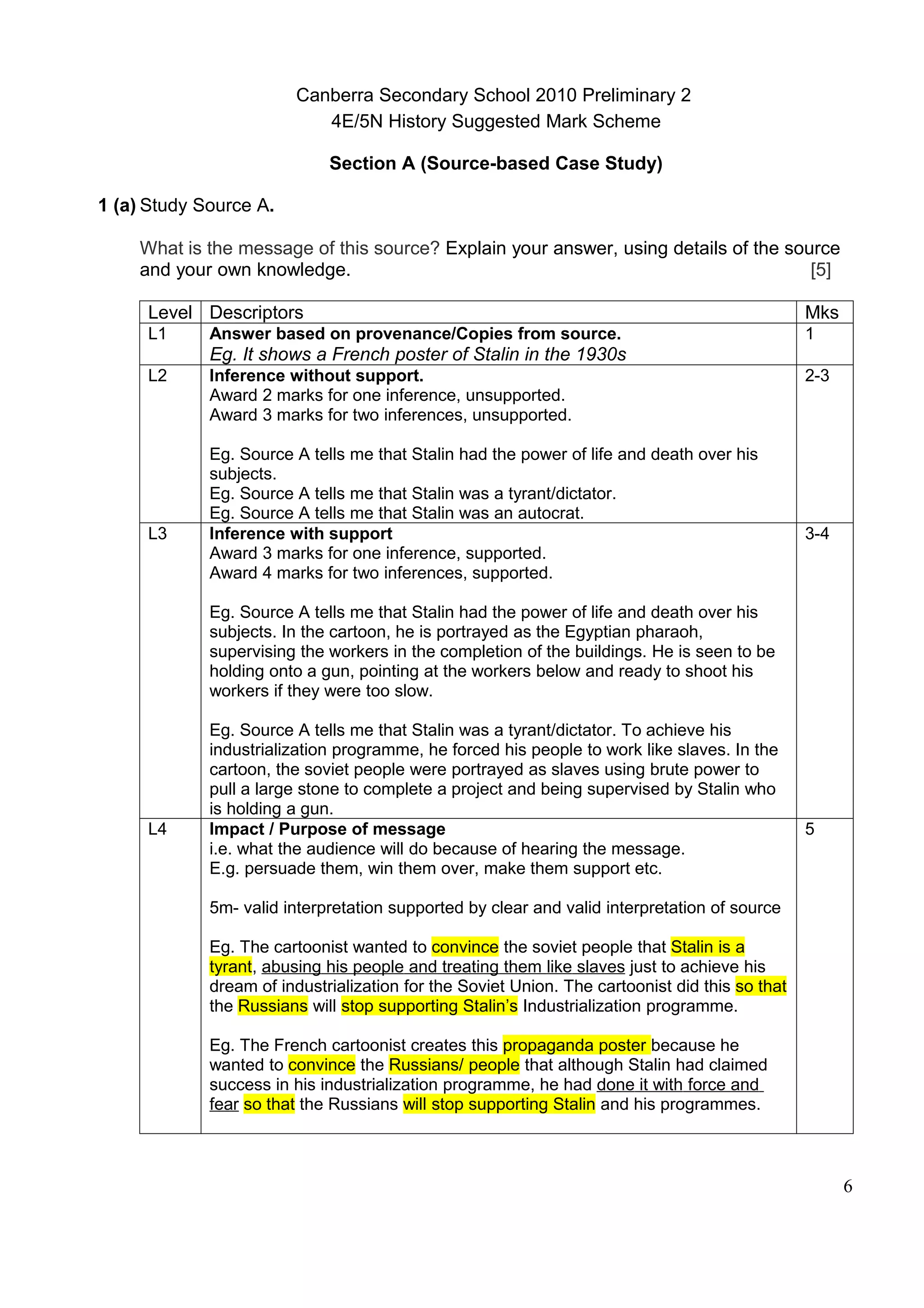 Canberra Secondary School 2010 Preliminary 2
                            4E/5N History Suggested Mark Scheme

                             Section A (Source-based Case Study)

1 (a) Study Source A.

    What is the message of this source? Explain your answer, using details of the source
    and your own knowledge.                                                          [5]

     Level Descriptors                                                                          Mks
     L1      Answer based on provenance/Copies from source.                                     1
             Eg. It shows a French poster of Stalin in the 1930s
     L2      Inference without support.                                                         2-3
             Award 2 marks for one inference, unsupported.
             Award 3 marks for two inferences, unsupported.

             Eg. Source A tells me that Stalin had the power of life and death over his
             subjects.
             Eg. Source A tells me that Stalin was a tyrant/dictator.
             Eg. Source A tells me that Stalin was an autocrat.
     L3      Inference with support                                                             3-4
             Award 3 marks for one inference, supported.
             Award 4 marks for two inferences, supported.

             Eg. Source A tells me that Stalin had the power of life and death over his
             subjects. In the cartoon, he is portrayed as the Egyptian pharaoh,
             supervising the workers in the completion of the buildings. He is seen to be
             holding onto a gun, pointing at the workers below and ready to shoot his
             workers if they were too slow.

             Eg. Source A tells me that Stalin was a tyrant/dictator. To achieve his
             industrialization programme, he forced his people to work like slaves. In the
             cartoon, the soviet people were portrayed as slaves using brute power to
             pull a large stone to complete a project and being supervised by Stalin who
             is holding a gun.
     L4      Impact / Purpose of message                                                        5
             i.e. what the audience will do because of hearing the message.
             E.g. persuade them, win them over, make them support etc.

             5m- valid interpretation supported by clear and valid interpretation of source

             Eg. The cartoonist wanted to convince the soviet people that Stalin is a
             tyrant, abusing his people and treating them like slaves just to achieve his
             dream of industrialization for the Soviet Union. The cartoonist did this so that
             the Russians will stop supporting Stalin’s Industrialization programme.

             Eg. The French cartoonist creates this propaganda poster because he
             wanted to convince the Russians/ people that although Stalin had claimed
             success in his industrialization programme, he had done it with force and
             fear so that the Russians will stop supporting Stalin and his programmes.



                                                                                                      6
 