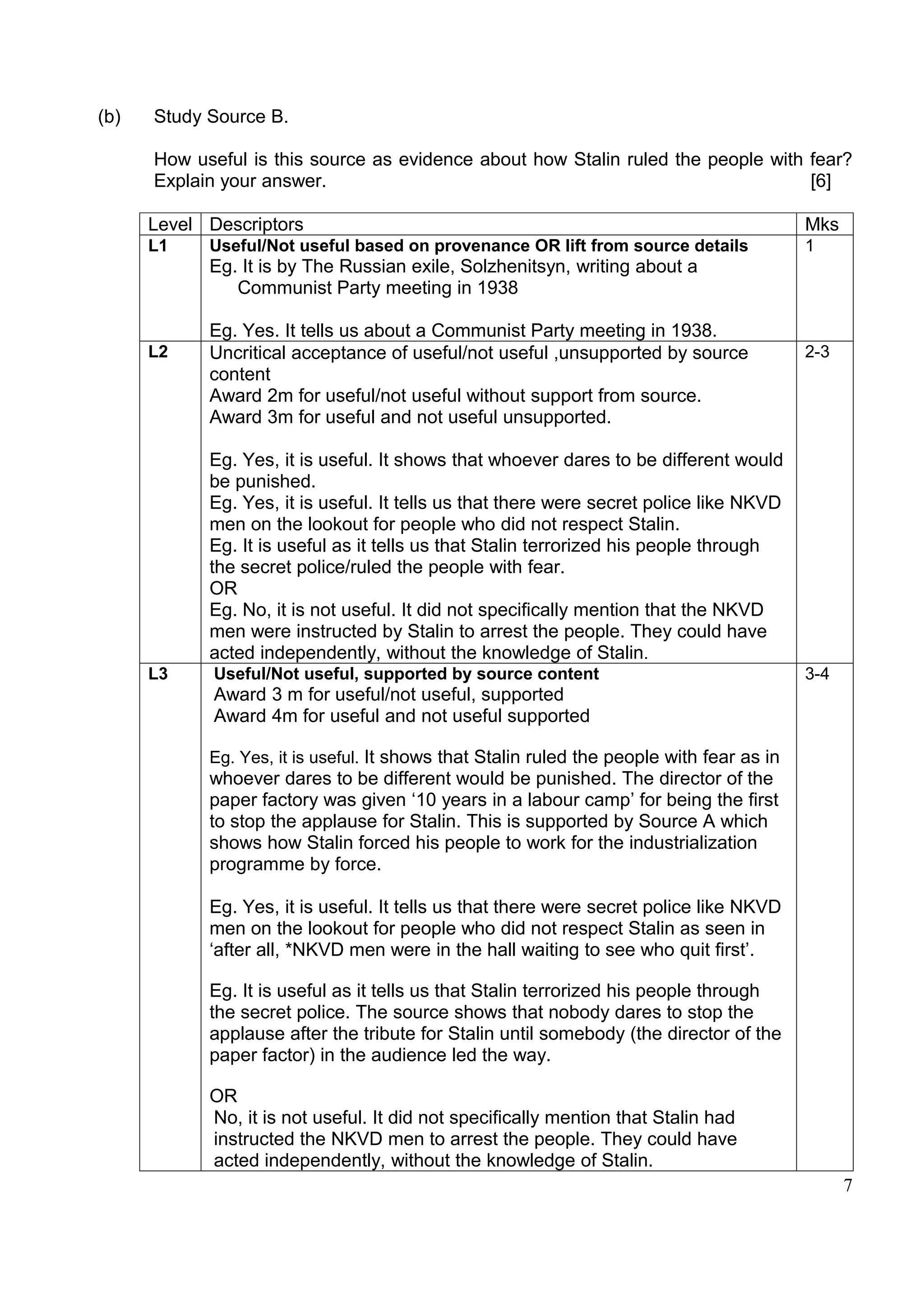 (b)   Study Source B.

      How useful is this source as evidence about how Stalin ruled the people with fear?
      Explain your answer.                                                         [6]

      Level Descriptors                                                                    Mks
      L1    Useful/Not useful based on provenance OR lift from source details              1
            Eg. It is by The Russian exile, Solzhenitsyn, writing about a
               Communist Party meeting in 1938

            Eg. Yes. It tells us about a Communist Party meeting in 1938.
      L2    Uncritical acceptance of useful/not useful ,unsupported by source              2-3
            content
            Award 2m for useful/not useful without support from source.
            Award 3m for useful and not useful unsupported.

            Eg. Yes, it is useful. It shows that whoever dares to be different would
            be punished.
            Eg. Yes, it is useful. It tells us that there were secret police like NKVD
            men on the lookout for people who did not respect Stalin.
            Eg. It is useful as it tells us that Stalin terrorized his people through
            the secret police/ruled the people with fear.
            OR
            Eg. No, it is not useful. It did not specifically mention that the NKVD
            men were instructed by Stalin to arrest the people. They could have
            acted independently, without the knowledge of Stalin.
      L3     Useful/Not useful, supported by source content                                3-4
             Award 3 m for useful/not useful, supported
             Award 4m for useful and not useful supported

            Eg. Yes, it is useful. It shows that Stalin ruled the people with fear as in
            whoever dares to be different would be punished. The director of the
            paper factory was given ‘10 years in a labour camp’ for being the first
            to stop the applause for Stalin. This is supported by Source A which
            shows how Stalin forced his people to work for the industrialization
            programme by force.

            Eg. Yes, it is useful. It tells us that there were secret police like NKVD
            men on the lookout for people who did not respect Stalin as seen in
            ‘after all, *NKVD men were in the hall waiting to see who quit first’.

            Eg. It is useful as it tells us that Stalin terrorized his people through
            the secret police. The source shows that nobody dares to stop the
            applause after the tribute for Stalin until somebody (the director of the
            paper factor) in the audience led the way.

            OR
            No, it is not useful. It did not specifically mention that Stalin had
            instructed the NKVD men to arrest the people. They could have
            acted independently, without the knowledge of Stalin.
                                                                                                 7
 