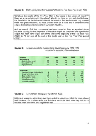 Source C:     Stalin announcing the “success” of his First Five-Year Plan in Jan 1933


“What are the results of the Five-Year Plan in four years in the sphere of industry?
Have we achieved victory in this sphere? We did not have an iron and steel industry,
the foundation for the industrialization of the country. And we have not only created
these new great industries, but have created them on a scale and in dimensions that
eclipse the scale and dimensions of European industry...

And as a result of all this our country has been converted from an agrarian into an
industrial country; for the proportion of industrial output, as compared with agricultural
output, has risen from 48 per cent of the total in the beginning of the Five-Year Plan
(1928) to 70 per cent at the end of the fourth year of the Five Year Plan period
(1932).”




Source D:     An overview of the Russian (and Soviet) economy 1913-1940,
                                   extracted a secondary history textbook




Source E:     An American newspaper report from 1930.

Millions of peasants, rather than give them up to the collectives, killed the cows, sheep
and chickens. For a short while, the Russians ate more meat than they had for a
decade. Then they went on a vegetarian diet.




                                                                                        4
 