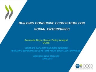BUILDING CONDUCIVE ECOSYSTEMS FOR
SOCIAL ENTERPRISES
Antonella Noya, Senior Policy Analyst
OCDE
OECD-EC CAPACITY BUILDING SEMINAR
“BUILDING ENABLING ECOSYSTEMS FROM SOCIAL ENTERPRISES”
BRUSSELS 22ND AND 23RD
APRIL 2015
 