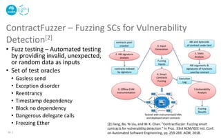 • Fuzz testing – Automated testing
by providing invalid, unexpected,
or random data as inputs
• Set of test oracles
• Gasless send
• Exception disorder
• Reentrancy
• Timestamp dependency
• Block no dependency
• Dangerous delegate calls
• Freezing Ether
ContractFuzzer – Fuzzing SCs for Vulnerability
Detection[2]
16 |
[2] Jiang, Bo, Ye Liu, and W. K. Chan. "Contractfuzzer: Fuzzing smart
contracts for vulnerability detection." In Proc. 33rd ACM/IEEE Intl. Conf.
on Automated Software Engineering, pp. 259-269. ACM, 2018.
 