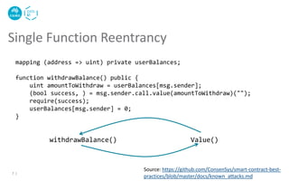 Single Function Reentrancy
7 |
Source: https://github.com/ConsenSys/smart-contract-best-
practices/blob/master/docs/known_attacks.md
mapping (address => uint) private userBalances;
function withdrawBalance() public {
uint amountToWithdraw = userBalances[msg.sender];
(bool success, ) = msg.sender.call.value(amountToWithdraw)("");
require(success);
userBalances[msg.sender] = 0;
}
withdrawBalance() Value()
 