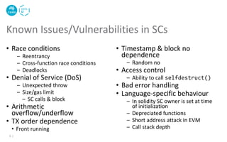 Known Issues/Vulnerabilities in SCs
• Race conditions
– Reentrancy
– Cross-function race conditions
– Deadlocks
• Denial o...