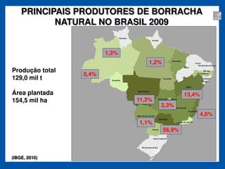 PRINCIPAIS PRODUTORES DE BORRACHA
           NATURAL NO BRASIL 2009


                        1,3%
                                  1,2%
Produção total
                 0,4%
129,0 mil t

Área plantada                                    13,4%
154,5 mil ha                   11,3%
                                       3,3%
                                                         4,6%
                               1,1%
                                         56,9%



(IBGE, 2010)
 