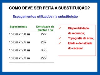 COMO DEVE SER FEITA A SUBSTITUIÇÃO?

 Espaçamentos utilizados na substituição


                                  Disponibilidade
                                  de recursos;
                                  Topografia da área;
                                  Idade e densidade
                                  do cacaual.
 