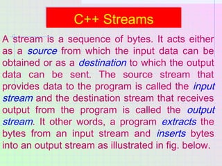 C++ StreamsC++ Streams
A stream is a sequence of bytes. It acts either
as a source from which the input data can be
obtain...