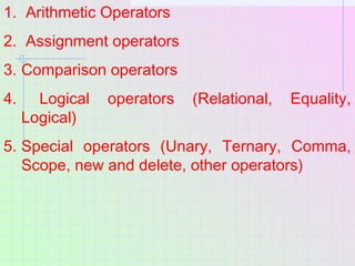1. Arithmetic Operators
2. Assignment operators
3. Comparison operators
4. Logical operators (Relational, Equality,
Logica...