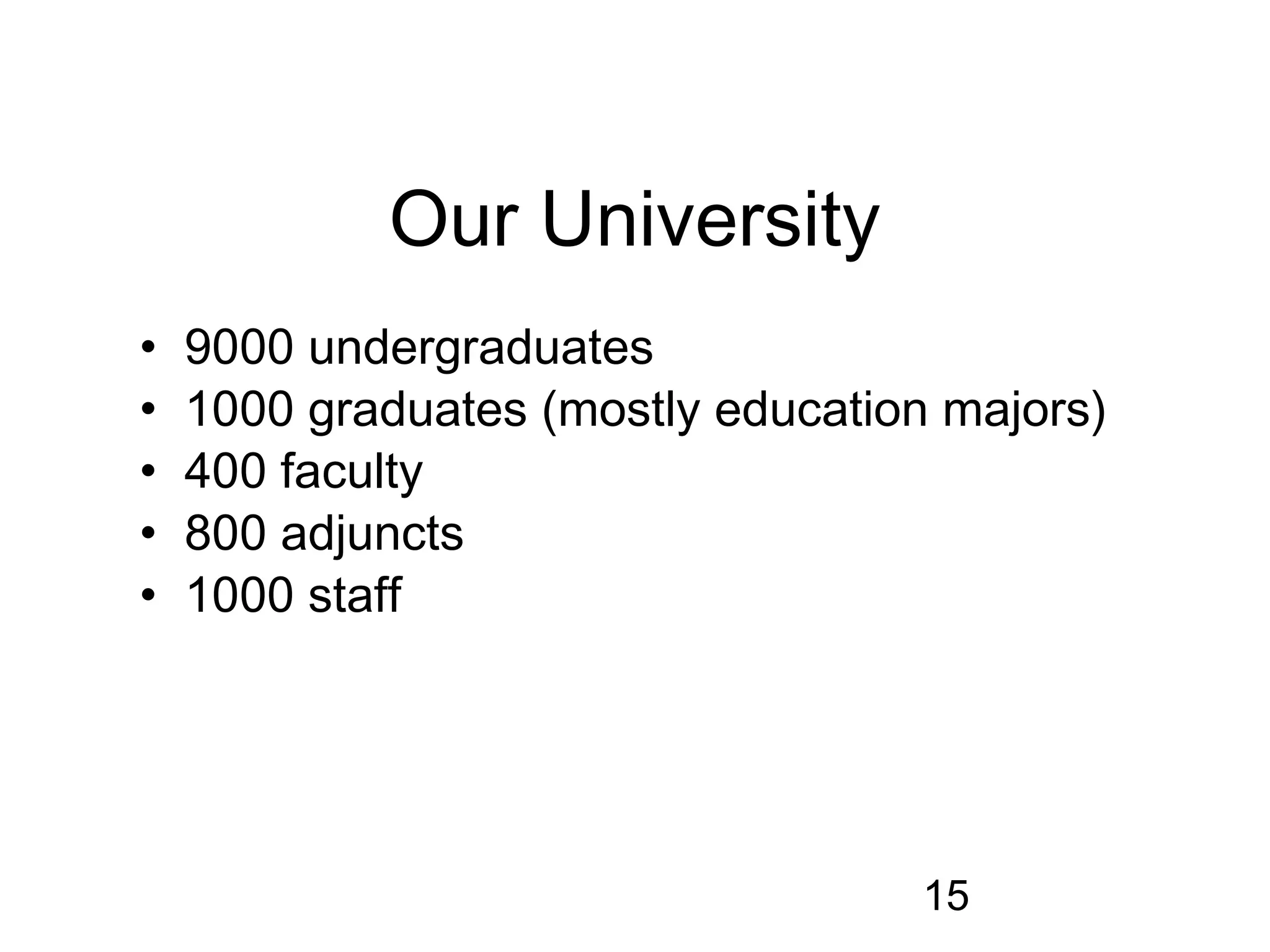 Our University
•   9000 undergraduates
•   1000 graduates (mostly education majors)
•   400 faculty
•   800 adjuncts
•   1000 staff




                                    15
 
