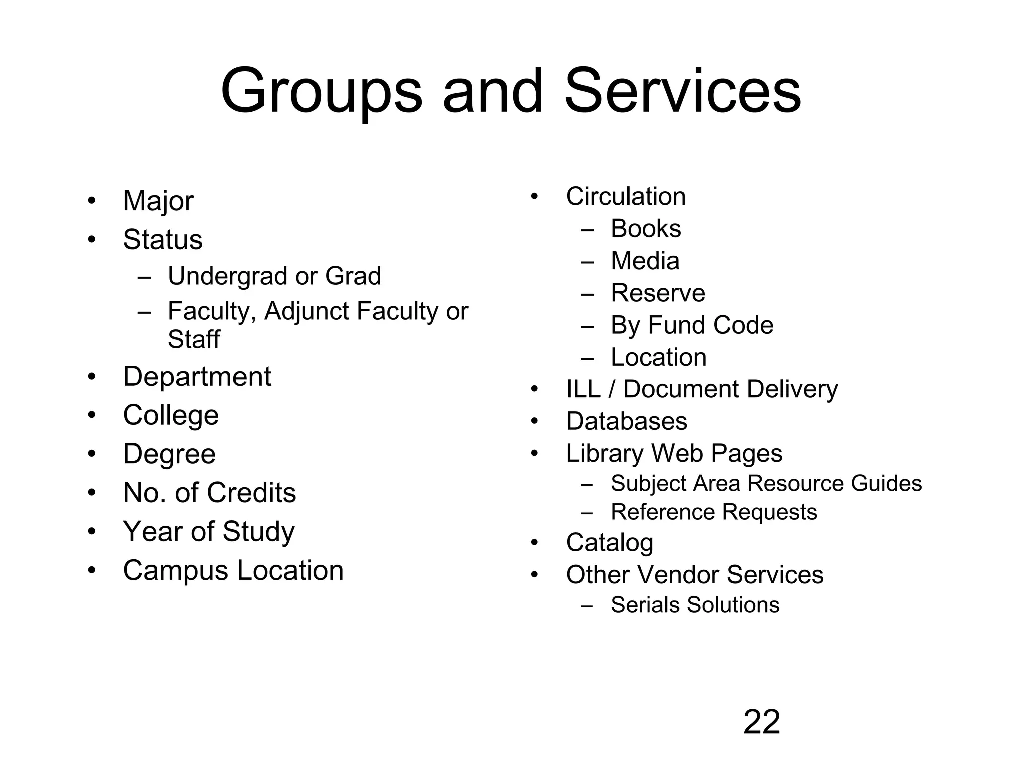 Groups and Services
• Major                              •   Circulation
• Status                                   – Books
                                           – Media
     – Undergrad or Grad
                                           – Reserve
     – Faculty, Adjunct Faculty or
                                           – By Fund Code
       Staff
                                           – Location
•   Department                       •   ILL / Document Delivery
•   College                          •   Databases
•   Degree                           •   Library Web Pages
•                                         – Subject Area Resource Guides
    No. of Credits
                                          – Reference Requests
•   Year of Study                    •   Catalog
•   Campus Location                  •   Other Vendor Services
                                          – Serials Solutions




                                                         22
 