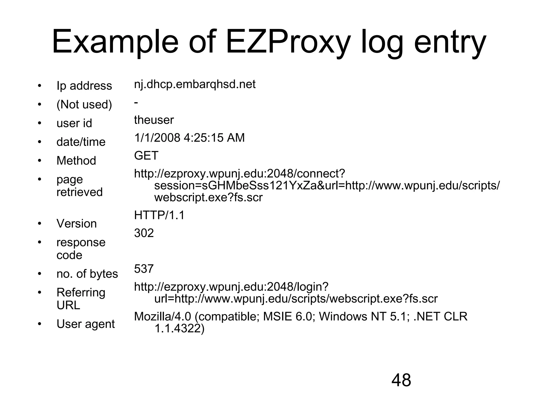 Example of EZProxy log entry
•   Ip address     nj.dhcp.embarqhsd.net
•   (Not used)     -
•   user id        theuser
•   date/time      1/1/2008 4:25:15 AM
•   Method         GET
•   page           http://ezproxy.wpunj.edu:2048/connect?
                       session=sGHMbeSss121YxZa&url=http://www.wpunj.edu/scripts/
    retrieved          webscript.exe?fs.scr
                   HTTP/1.1
•   Version
                   302
•   response
    code
•   no. of bytes   537
•   Referring      http://ezproxy.wpunj.edu:2048/login?
                       url=http://www.wpunj.edu/scripts/webscript.exe?fs.scr
    URL
                   Mozilla/4.0 (compatible; MSIE 6.0; Windows NT 5.1; .NET CLR
•   User agent         1.1.4322)



                                                                48
 