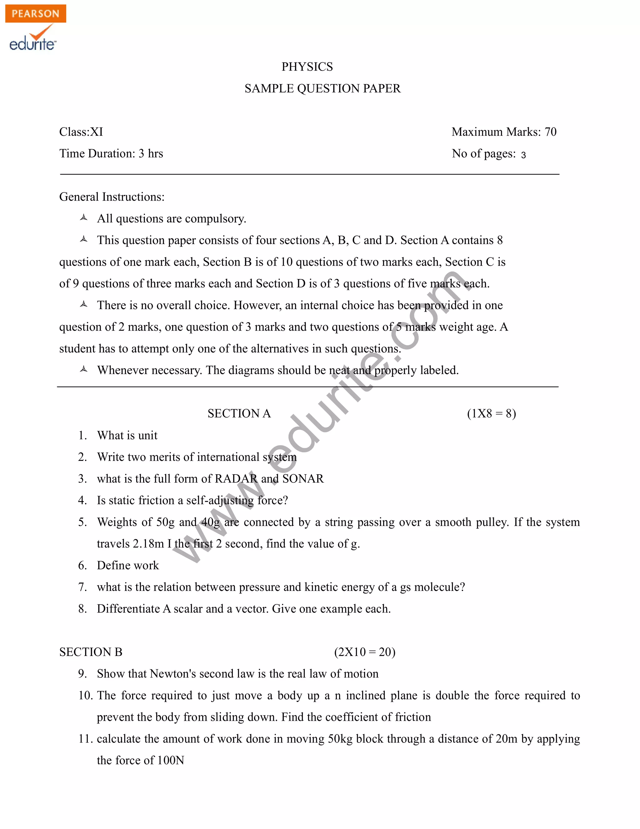 Class 11 Cbse Physics Sample Paper Model 3 | PDF