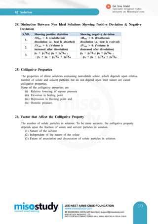 02 Solution
Get free trials!
Specially designed video
lectures on Misostudy.com
10
10
24. Distinction Between Non Ideal Solutions Showing Positive Deviation & Negative
Deviation
S.NO. Showing positive deviation Showing negative deviation
1.
∆Hmix > 0. (endothermic
dissolution i.e. heat is absorbed)
∆Hmix < 0. (Exothermic
dissolution i.e. heat is evolved)
2.
∆Vmix > 0. (Volume is
increased after dissolution)
∆Vmix > 0. (Volume is
decreased after dissolution)
3.
pA > pA
o
XA; pB > pB
o
XB ,
∴pA + pB > pA
o
XA + pB
o
XB
pA < pA
o
XA; pB < pB
o
XB ,
∴pA + pB < pA
o
XA + pB
o
XB
25. Colligative Properties
The properties of dilute solutions containing nonvolatile solute, which depends upon relative
number of solute and solvent particles but do not depend upon their nature are called
colligative properties.
Some of the colligative properties are
(i) Relative lowering of vapour pressure
(ii) Elevation in boiling point
(iii) Depression in freezing point and
(iv) Osmotic pressure.
26. Factor that Affect the Colligative Property
The number of solute particles in solution. To be more accurate, the colligative property
depends upon the fraction of solute and solvent particles in solution.
(1) Nature of the solvent
(2) Independent of the nature of the solute
(3) Extent of association and dissociation of solute particles in solution.
 