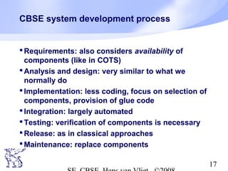 CBSE system development process

 Requirements: also considers availability of
components (like in COTS)
 Analysis and design: very similar to what we
normally do
 Implementation: less coding, focus on selection of
components, provision of glue code
 Integration: largely automated
 Testing: verification of components is necessary
 Release: as in classical approaches
 Maintenance: replace components
17

 