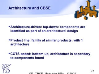 Architecture and CBSE

 Architecture-driven: top-down: components are
identified as part of an architectural design
 Product line: family of similar products, with 1
architecture
 COTS-based: bottom-up, architecture is secondary
to components found

22

 