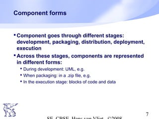 Component forms

 Component goes through different stages:
development, packaging, distribution, deployment,
execution
 Across these stages, components are represented
in different forms:
 During development: UML, e.g.
 When packaging: in a .zip file, e.g.
 In the execution stage: blocks of code and data

7

 