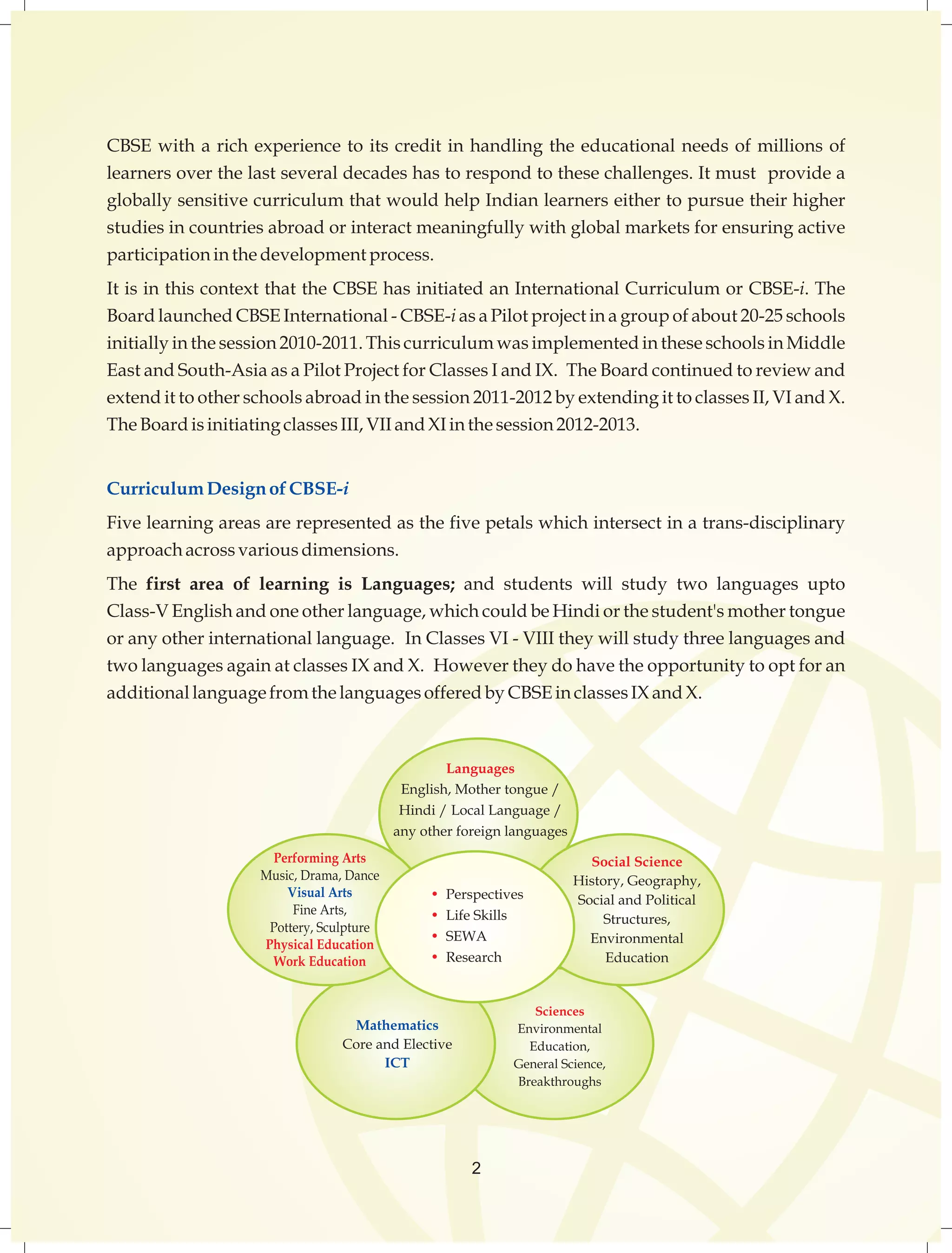 CBSE with a rich experience to its credit in handling the educational needs of millions of 
learners over the last several decades has to respond to these challenges. It must provide a 
globally sensitive curriculum that would help Indian learners either to pursue their higher 
studies in countries abroad or interact meaningfully with global markets for ensuring active 
participation in the development process. 
It is in this context that the CBSE has initiated an International Curriculum or CBSE-i. The 
Board launched CBSE International - CBSE-i as a Pilot project in a group of about 20-25 schools 
initially in the session 2010-2011. This curriculum was implemented in these schools in Middle 
East and South-Asia as a Pilot Project for Classes I and IX. The Board continued to review and 
extend it to other schools abroad in the session 2011-2012 by extending it to classes II, VI and X. 
The Board is initiating classes III, VII and XI in the session 2012-2013. 
Curriculum Design of CBSE-i 
Five learning areas are represented as the five petals which intersect in a trans-disciplinary 
approach across various dimensions. 
The first area of learning is Languages; and students will study two languages upto 
Class-V English and one other language, which could be Hindi or the student's mother tongue 
or any other international language. In Classes VI - VIII they will study three languages and 
two languages again at classes IX and X. However they do have the opportunity to opt for an 
additional language from the languages offered by CBSE in classes IX and X. 
Languages 
English, Mother tongue / 
Hindi / Local Language / 
any other foreign languages 
2 
Social Science 
History, Geography, 
Social and Political 
Structures, 
Environmental 
Education 
Sciences 
Environmental 
Education, 
General Science, 
Breakthroughs 
Mathematics 
Core and Elective 
ICT 
Performing Arts 
Music, Drama, Dance 
Visual Arts 
Fine Arts, 
Pottery, Sculpture 
Physical Education 
Work Education 
• Perspectives 
• Life Skills 
• SEWA 
• Research 
 