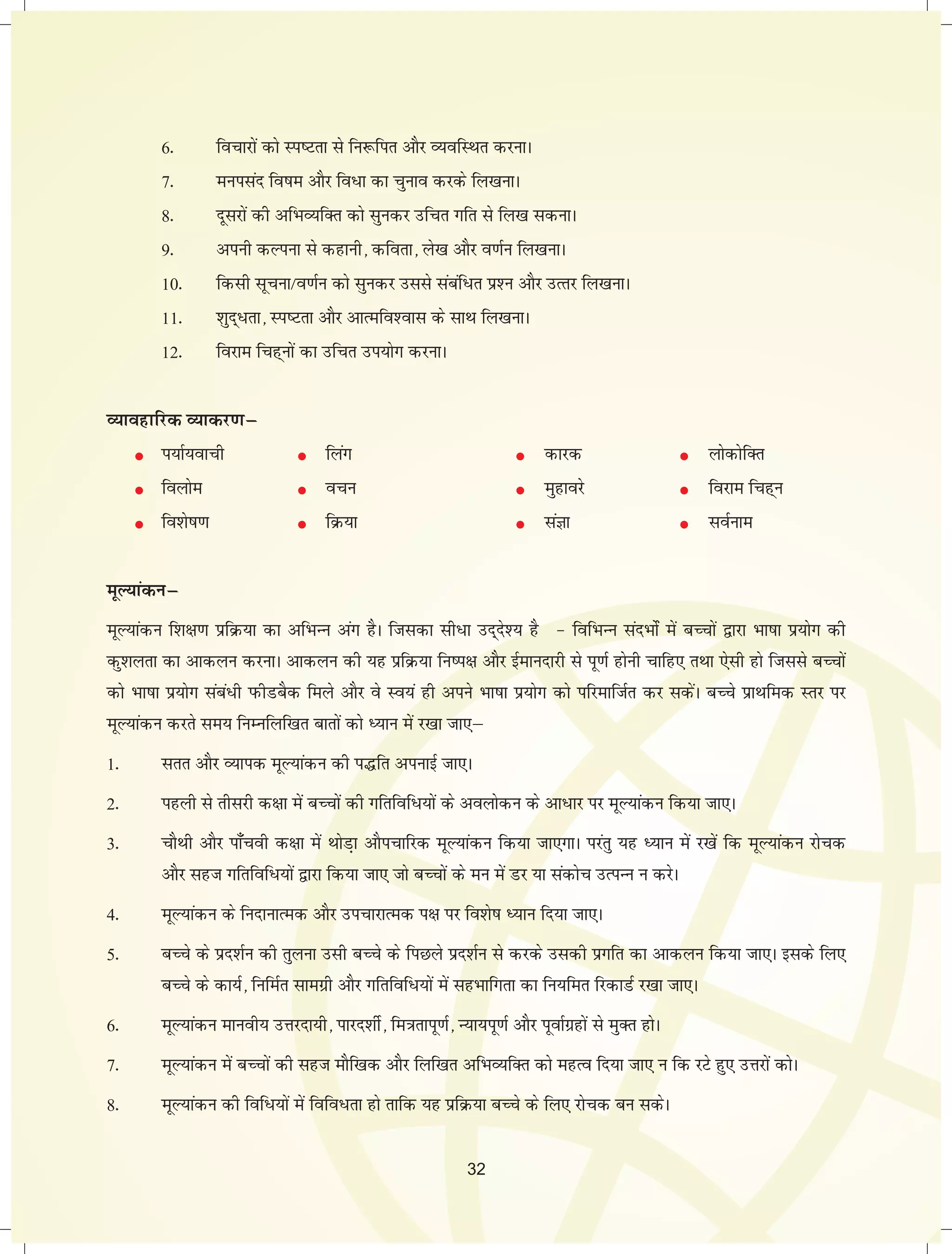 6- fopkjksa dks Li"Vrk ls fu:fir vkSj O;ofLFkr djukA 
7- euilan fo"ke vkSj fo/k dk pquko djds fy[kukA 
8- nwljksa dh vfHkO;fDr dks lqudj mfpr xfr ls fy[k ldukA 
9- viuh dYiuk ls dgkuh] dfork] ys[k vkSj o.kZu fy[kukA 
10- fdlh lwpuk@o.kZu dks lqudj mlls lacaf/r iz'u vkSj mRrj fy[kukA 
11- 'kqn~/rk] Li"Vrk vkSj vkRefo'okl ds lkFk fy[kukA 
12- fojke fpg~uksa dk mfpr mi;ksx djukA 
O;kogkfjd O;kdj.kμ 
 Ik;kZ;okph  fyax  dkjd  yksdksfDr 
 foykse  opu  eqgkojs  fojke fpg~u 
 fo'ks"k.k  fØ;k  laKk  loZuke 
ewY;kaduμ 
ewY;kadu f'k{k.k izfØ;k dk vfHkUu vax gSA ftldk lh/k mn~ns'; gS & fofHkUu lanHkksZa esa cPpksa }kjk Hkk"kk iz;ksx dh 
dq'kyrk dk vkdyu djukA vkdyu dh ;g izfØ;k fu"i{k vkSj bZekunkjh ls iw.kZ gksuh pkfg, rFkk ,slh gks ftlls cPpksa 
dks Hkk"kk iz;ksx laca/h iQhMcSd feys vkSj os Lo;a gh vius Hkk"kk iz;ksx dks ifjekftZr dj ldsaA cPPks izkFkfed Lrj ij 
ewY;kadu djrs le; fuEufyf[kr ckrksa dks è;ku esa j[kk tk,μ 
1- lrr vkSj O;kid ewY;kadu dh i¼fr viukbZ tk,A 
2- igyh ls rhljh d{kk esa cPpksa dh xfrfof/;ksa ds voyksdu ds vk/kj ij ewY;kadu fd;k tk,A 
3- pkSFkh vkSj ik¡poh d{kk esa FkksM+k vkSipkfjd ewY;kadu fd;k tk,xkA ijarq ;g è;ku esa j[ksa fd ewY;kadu jkspd 
vkSj lgt xfrfof/;ksa }kjk fd;k tk, tks cPpksa ds eu esa Mj ;k ladksp mRiUu u djsA 
4- ewY;kadu ds funkukRed vkSj mipkjkRed i{k ij fo'ks"k è;ku fn;k tk,A 
5- cPps ds izn'kZu dh rqyuk mlh cPps ds fiNys izn'kZu ls djds mldh izxfr dk vkdyu fd;k tk,A blds fy, 
cPps ds dk;Z] fufeZr lkexzh vkSj xfrfof/;ksa esa lgHkkfxrk dk fu;fer fjdkMZ j[kk tk,A 
6- ewY;kadu ekuoh; mÙkjnk;h] ikjn'khZ] fe=krkiw.kZ] U;k;iw.kZ vkSj iwokZxzgksa ls eqDr gksA 
7- ewY;kadu esa cPpksa dh lgt ekSf[kd vkSj fyf[kr vfHkO;fDr dks egRo fn;k tk, u fd jVs gq, mÙkjksa dksA 
8- ewY;kadu dh fof/;ksa esa fofo/rk gks rkfd ;g izfØ;k cPps ds fy, jkspd cu ldsA 
32 
 