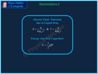 Physics Helpline
L K Satapathy
Electrostatics-5
Electric Field / Potential
due to Liquid drop
Energy stored in Capacitors
1
2
U QV
2
&
44 oo
q q
E V
rr 
 
 
