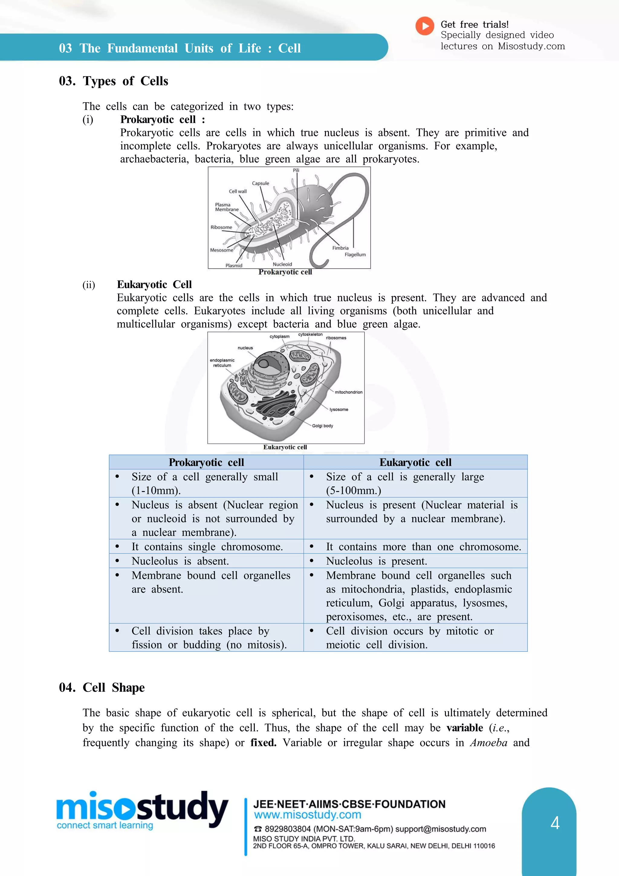 03 The Fundamental Units of Life : Cell
Get free trials!
Specially designed video
lectures on Misostudy.com
4
03. Types of Cells
The cells can be categorized in two types:
(i) Prokaryotic cell :
Prokaryotic cells are cells in which true nucleus is absent. They are primitive and
incomplete cells. Prokaryotes are always unicellular organisms. For example,
archaebacteria, bacteria, blue green algae are all prokaryotes.
(ii) Eukaryotic Cell
Eukaryotic cells are the cells in which true nucleus is present. They are advanced and
complete cells. Eukaryotes include all living organisms (both unicellular and
multicellular organisms) except bacteria and blue green algae.
Prokaryotic cell Eukaryotic cell
Ÿ Size of a cell generally small
(1-10mm).
Ÿ Size of a cell is generally large
(5-100mm.)
Ÿ Nucleus is absent (Nuclear region
or nucleoid is not surrounded by
a nuclear membrane).
Ÿ Nucleus is present (Nuclear material is
surrounded by a nuclear membrane).
Ÿ It contains single chromosome. Ÿ It contains more than one chromosome.
Ÿ Nucleolus is absent. Ÿ Nucleolus is present.
Ÿ Membrane bound cell organelles
are absent.
Ÿ Membrane bound cell organelles such
as mitochondria, plastids, endoplasmic
reticulum, Golgi apparatus, lysosmes,
peroxisomes, etc., are present.
Ÿ Cell division takes place by
fission or budding (no mitosis).
Ÿ Cell division occurs by mitotic or
meiotic cell division.
04. Cell Shape
The basic shape of eukaryotic cell is spherical, but the shape of cell is ultimately determined
by the specific function of the cell. Thus, the shape of the cell may be variable (i.e.,
frequently changing its shape) or fixed. Variable or irregular shape occurs in Amoeba and
 