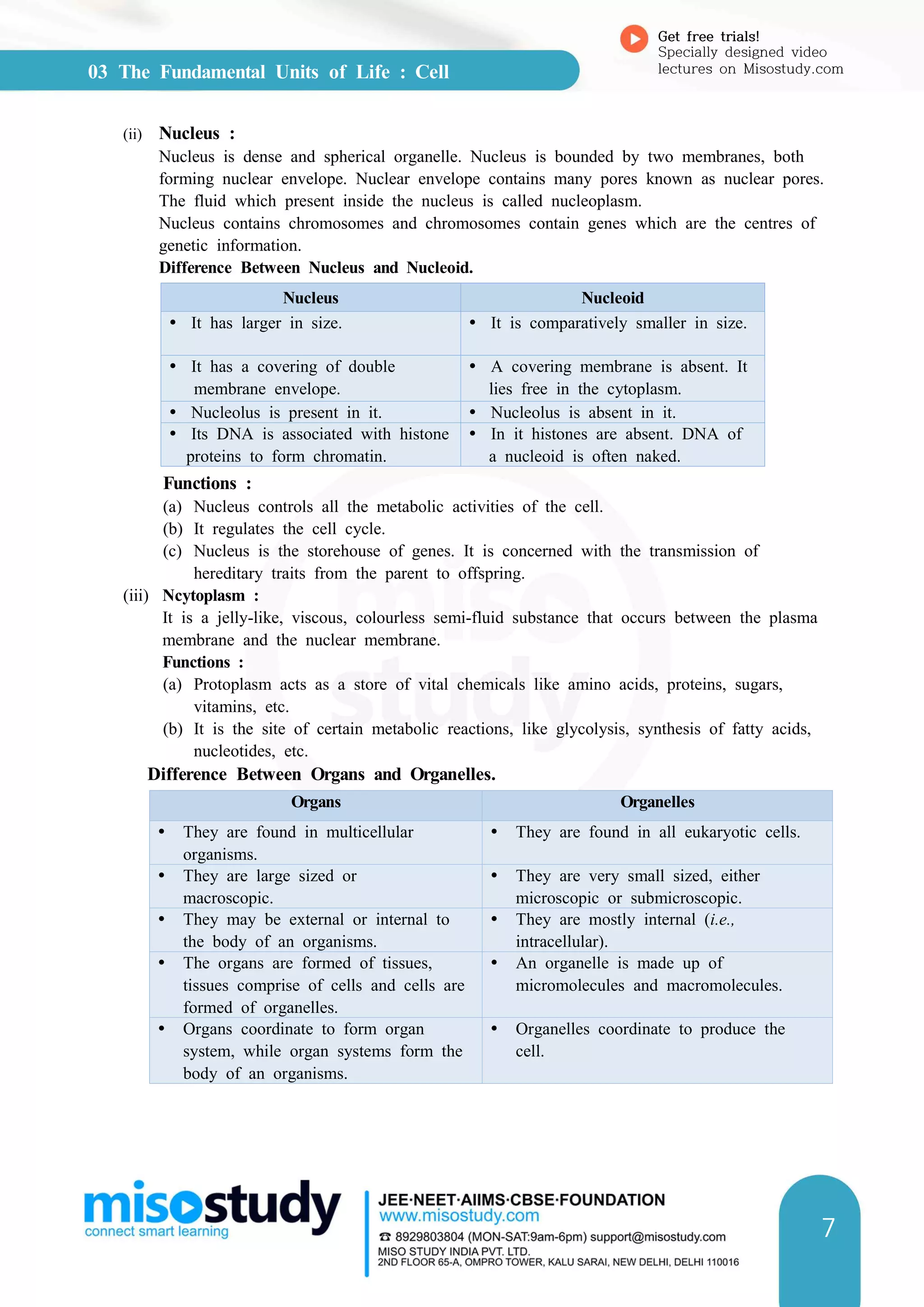 03 The Fundamental Units of Life : Cell
Get free trials!
Specially designed video
lectures on Misostudy.com
7
(ii) Nucleus :
Nucleus is dense and spherical organelle. Nucleus is bounded by two membranes, both
forming nuclear envelope. Nuclear envelope contains many pores known as nuclear pores.
The fluid which present inside the nucleus is called nucleoplasm.
Nucleus contains chromosomes and chromosomes contain genes which are the centres of
genetic information.
Difference Between Nucleus and Nucleoid.
Nucleus Nucleoid
Ÿ It has larger in size. Ÿ It is comparatively smaller in size.
Ÿ It has a covering of double
membrane envelope.
Ÿ A covering membrane is absent. It
lies free in the cytoplasm.
Ÿ Nucleolus is present in it. Ÿ Nucleolus is absent in it.
Ÿ Its DNA is associated with histone
proteins to form chromatin.
Ÿ In it histones are absent. DNA of
a nucleoid is often naked.
Functions :
(a) Nucleus controls all the metabolic activities of the cell.
(b) It regulates the cell cycle.
(c) Nucleus is the storehouse of genes. It is concerned with the transmission of
hereditary traits from the parent to offspring.
(iii) Ncytoplasm :
It is a jelly-like, viscous, colourless semi-fluid substance that occurs between the plasma
membrane and the nuclear membrane.
Functions :
(a) Protoplasm acts as a store of vital chemicals like amino acids, proteins, sugars,
vitamins, etc.
(b) It is the site of certain metabolic reactions, like glycolysis, synthesis of fatty acids,
nucleotides, etc.
Difference Between Organs and Organelles.
Organs Organelles
Ÿ They are found in multicellular
organisms.
Ÿ They are found in all eukaryotic cells.
Ÿ They are large sized or
macroscopic.
Ÿ They are very small sized, either
microscopic or submicroscopic.
Ÿ They may be external or internal to
the body of an organisms.
Ÿ They are mostly internal (i.e.,
intracellular).
Ÿ The organs are formed of tissues,
tissues comprise of cells and cells are
formed of organelles.
Ÿ An organelle is made up of
micromolecules and macromolecules.
Ÿ Organs coordinate to form organ
system, while organ systems form the
body of an organisms.
Ÿ Organelles coordinate to produce the
cell.
 