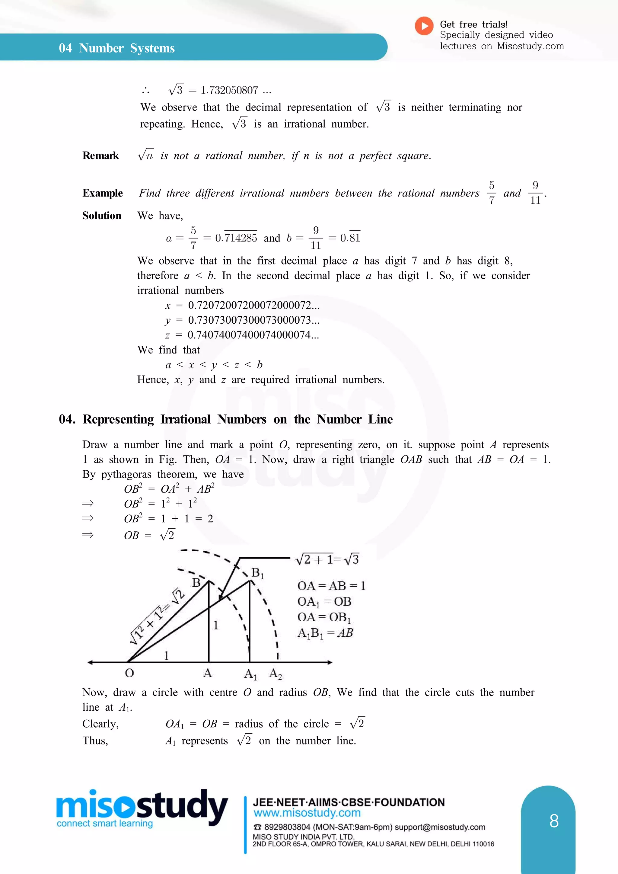 04 Number Systems
Get free trials!
Specially designed video
lectures on Misostudy.com
8
∴    
We observe that the decimal representation of  is neither terminating nor
repeating. Hence,  is an irrational number.
Remark  is not a rational number, if n is not a perfect square.
Example Find three different irrational numbers between the rational numbers 

and 

.
Solution We have,
  

  and   

 
We observe that in the first decimal place a has digit 7 and b has digit 8,
therefore a < b. In the second decimal place a has digit 1. So, if we consider
irrational numbers
x = 0.72072007200072000072...
y = 0.73073007300073000073...
z = 0.74074007400074000074...
We find that
a < x < y < z < b
Hence, x, y and z are required irrational numbers.
04. Representing Irrational Numbers on the Number Line
Draw a number line and mark a point O, representing zero, on it. suppose point A represents
1 as shown in Fig. Then, OA = 1. Now, draw a right triangle OAB such that AB = OA = 1.
By pythagoras theorem, we have
OB2
= OA2
+ AB2
⇒ OB2
= 12
+ 12
⇒ OB2
= 1 + 1 = 2
⇒ OB = 
Now, draw a circle with centre O and radius OB, We find that the circle cuts the number
line at A1.
Clearly, OA1 = OB = radius of the circle = 
Thus, A1 represents  on the number line.
 