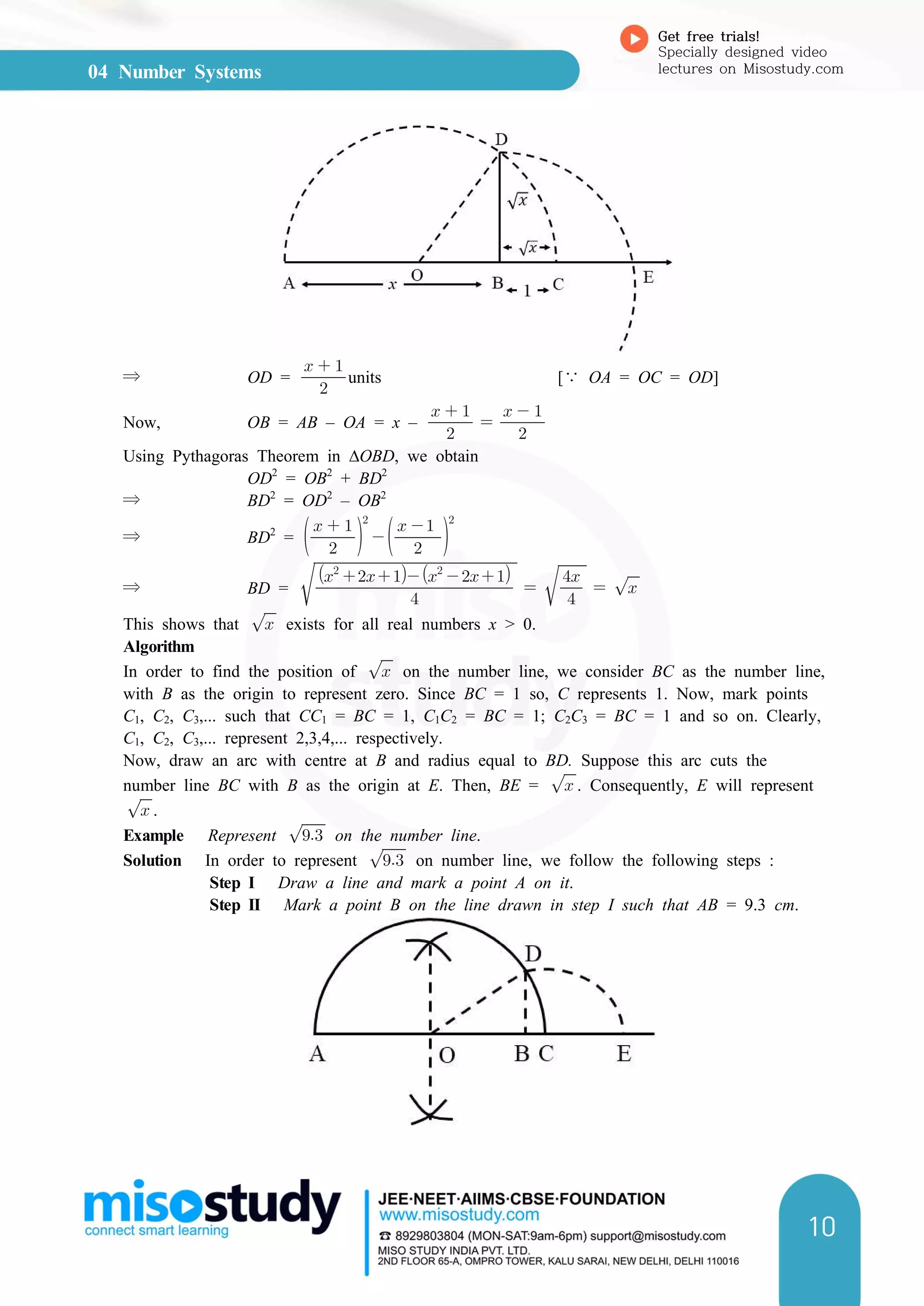 04 Number Systems
Get free trials!
Specially designed video
lectures on Misostudy.com
10
⇒ OD = 
  
units [∵ OA = OC = OD]
Now, OB = AB – OA = x – 
  
 
  
Using Pythagoras Theorem in ∆OBD, we obtain
OD2
= OB2
+ BD2
⇒ BD2
= OD2
– OB2
⇒ BD2
= 
  



 


⇒ BD = 





 



 
This shows that  exists for all real numbers x > 0.
Algorithm
In order to find the position of  on the number line, we consider BC as the number line,
with B as the origin to represent zero. Since BC = 1 so, C represents 1. Now, mark points
C1, C2, C3,... such that CC1 = BC = 1, C1C2 = BC = 1; C2C3 = BC = 1 and so on. Clearly,
C1, C2, C3,... represent 2,3,4,... respectively.
Now, draw an arc with centre at B and radius equal to BD. Suppose this arc cuts the
number line BC with B as the origin at E. Then, BE =  . Consequently, E will represent
 .
Example Represent  on the number line.
Solution In order to represent  on number line, we follow the following steps :
Step I Draw a line and mark a point A on it.
Step II Mark a point B on the line drawn in step I such that AB = 9.3 cm.
 